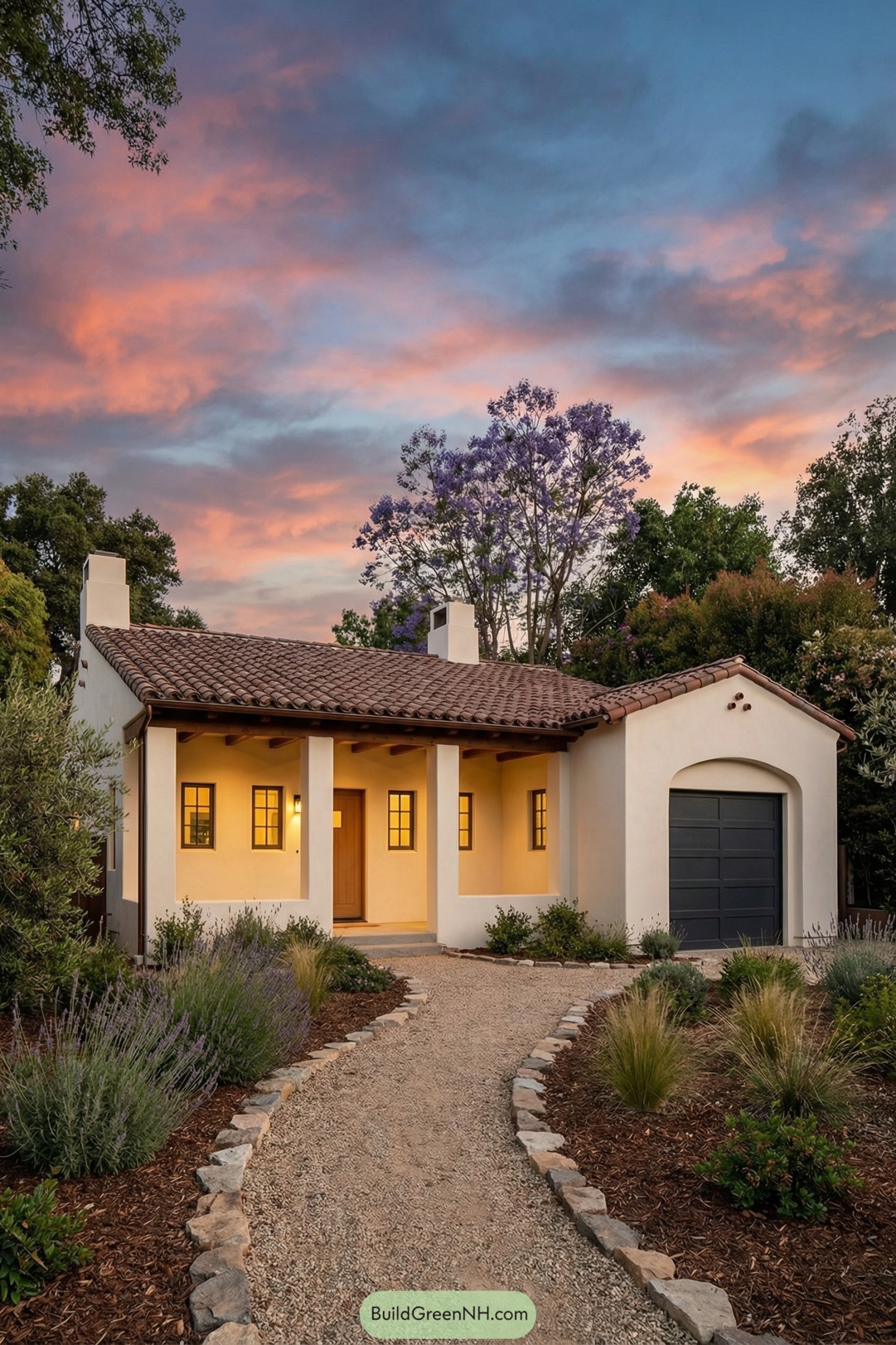 high-res photo of spanish bungalow, long low single-story facade in white smooth stucco with deep recessed central porch and simple rectangular chimneys, warm creamy exterior color with dark wood accents and soft yellow interior glow through openings, elongated horizontal shape with slightly projecting garage wing on the right, traditional red-brown clay barrel tile roof with shallow pitch and wide overhangs, small rectangular windows with dark trim and casement style panes evenly spaced along the porch wall, simple solid wood front door recessed in a stucco-walled entry niche, arched stucco opening framing a dark charcoal paneled garage door, covered porch supported by plain square stucco columns and exposed dark wood beams, foreground gravel walkway curving from bottom center to entry and edged with irregular natural stones, low drought-tolerant planting beds with lavender, grasses, and shrubs in mulched soil on both sides of the path, additional gravel drive and planting around the garage, lush green trees and dense shrubbery surrounding the house with a tall flowering tree in soft purple tones behind the roofline, dramatic dusk sky with pink and orange clouds creating warm soft lighting, single real-life photo, high-resolution, architectural photography, soft lighting, cinematic composition.