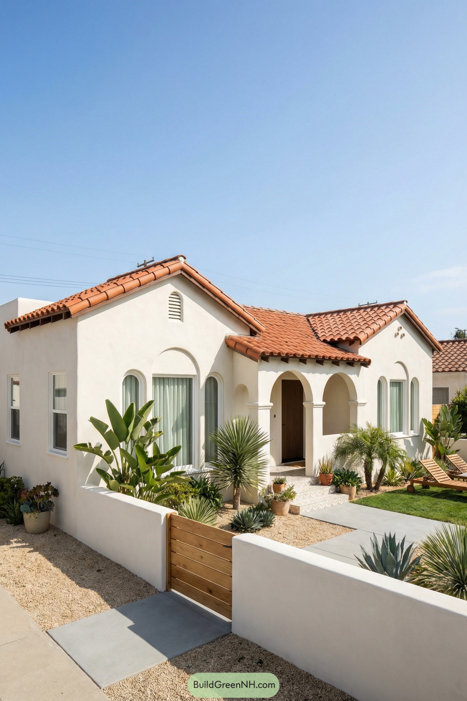 White stucco Spanish bungalow with terracotta roof, arched entry, and drought tolerant front garden