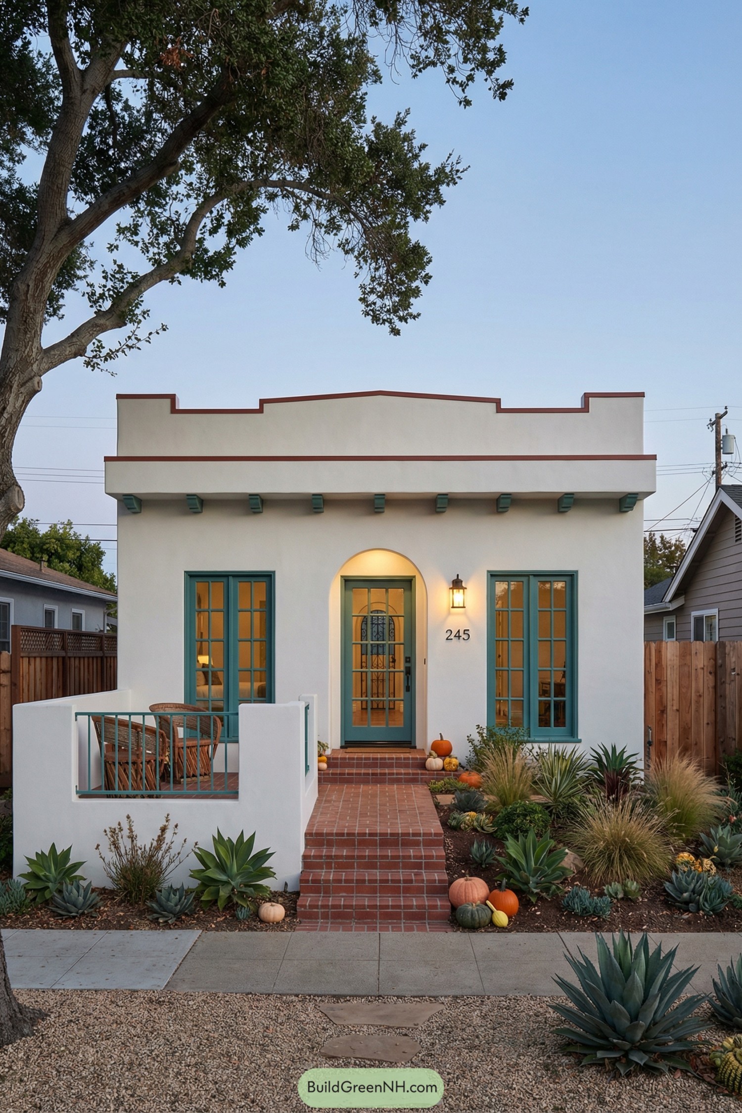 White stucco Spanish bungalow with teal trim brick steps and drought tolerant front garden