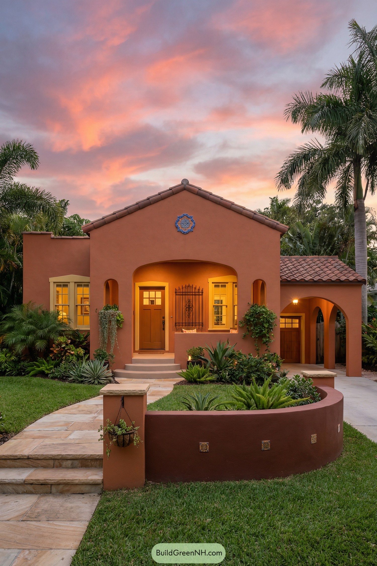 Warm terracotta Spanish bungalow with arched porch and lush tropical landscaping at dusk