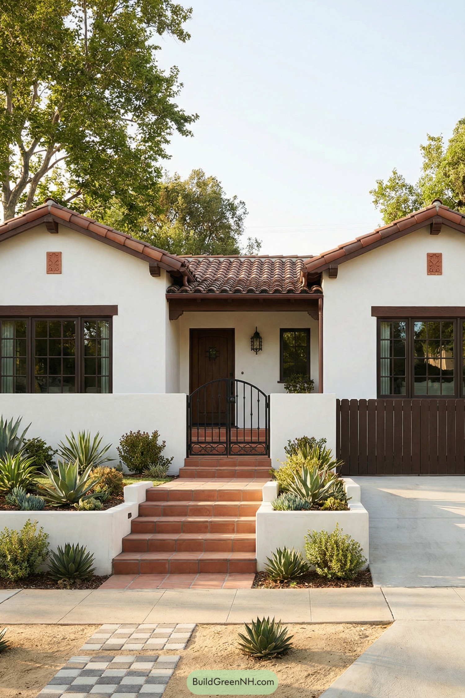 Compact white stucco Spanish bungalow with terracotta roof, iron gate, and drought tolerant front garden