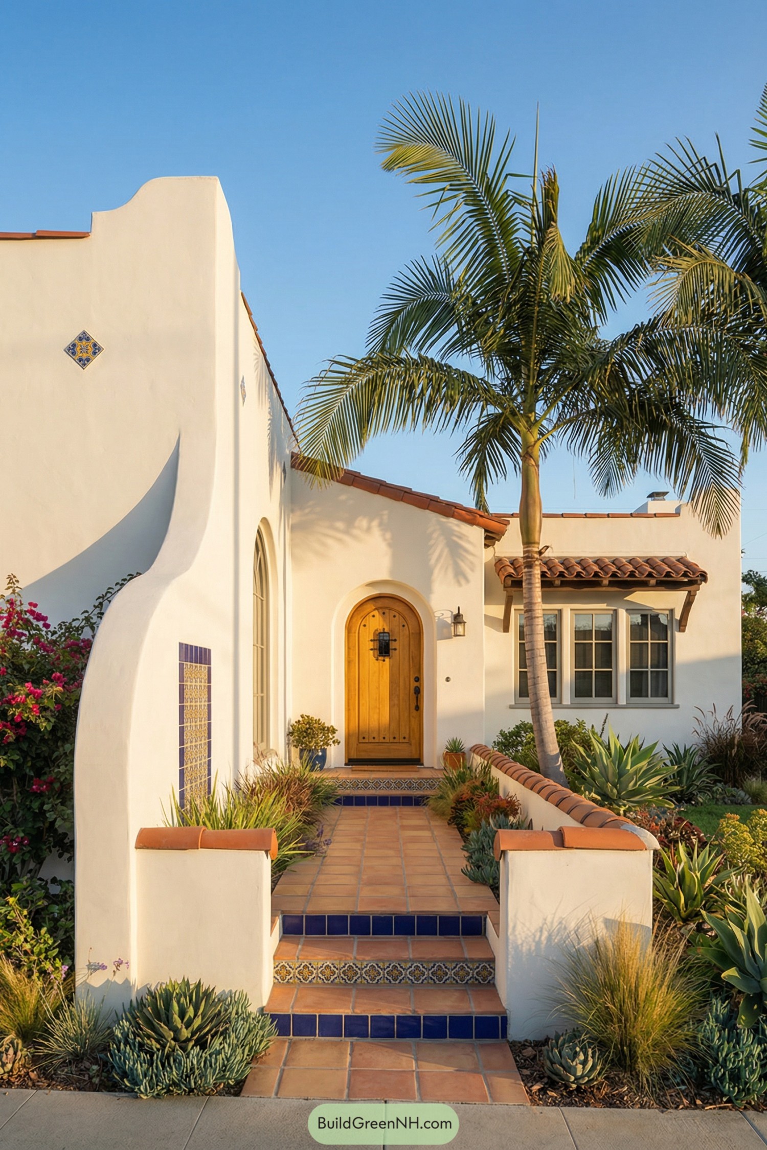 White stucco Spanish bungalow with tiled entry path framed by lush drought tolerant landscaping and a tall palm tree