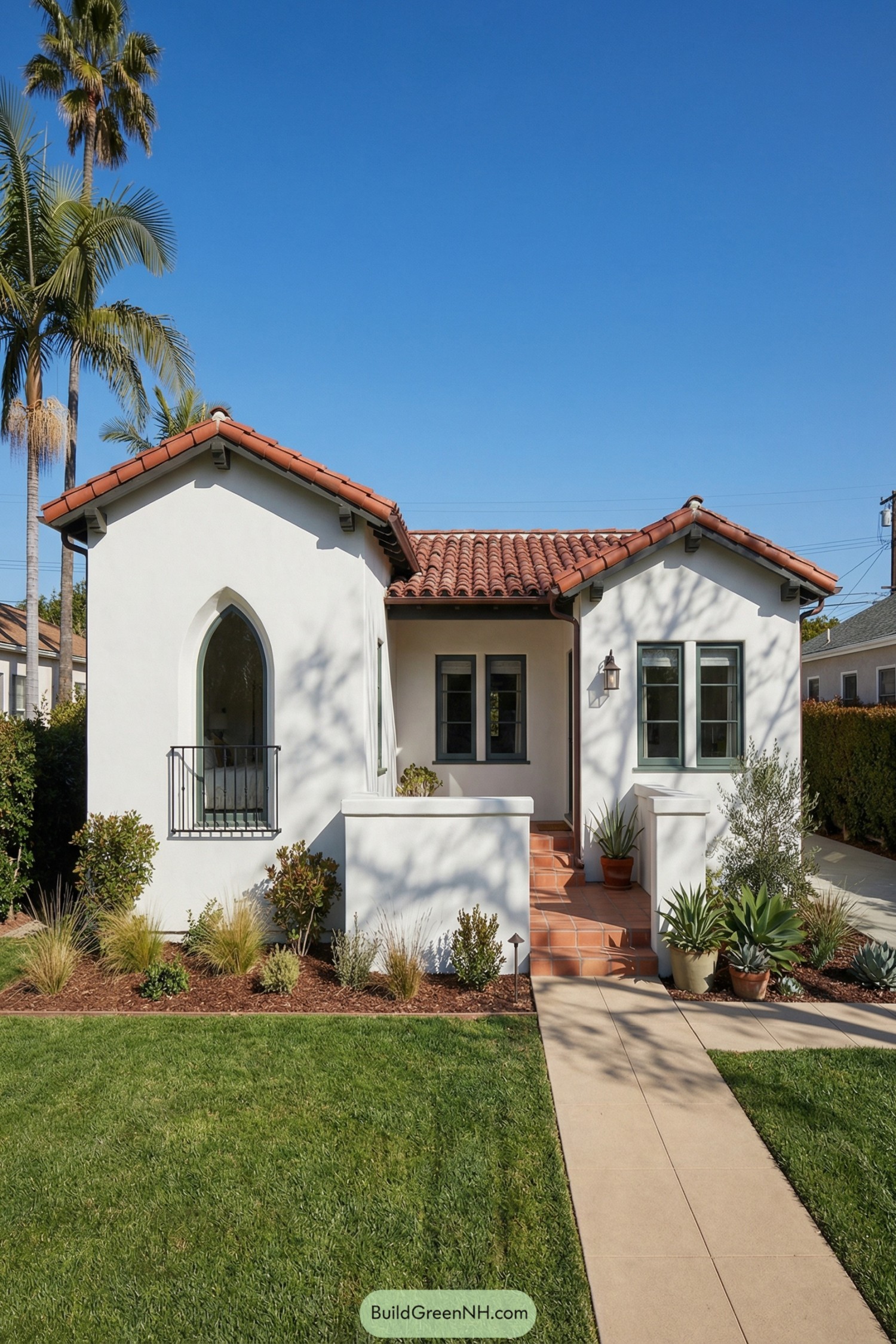 White stucco Spanish bungalow with red tile roof, arched window, and terracotta front steps framed by lush landscaping