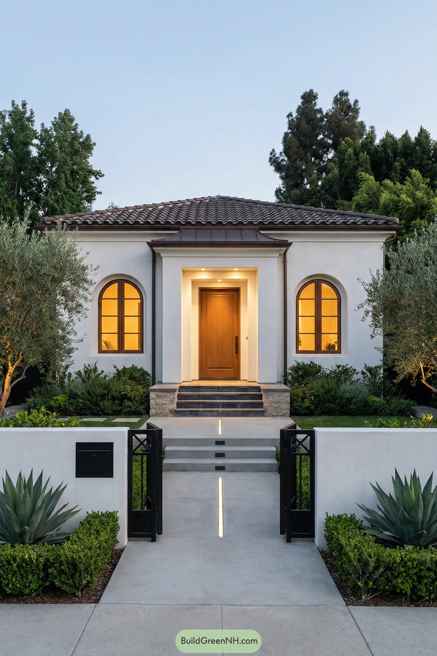Compact Spanish bungalow with tiled roof, arched windows, and a clean landscaped entry path