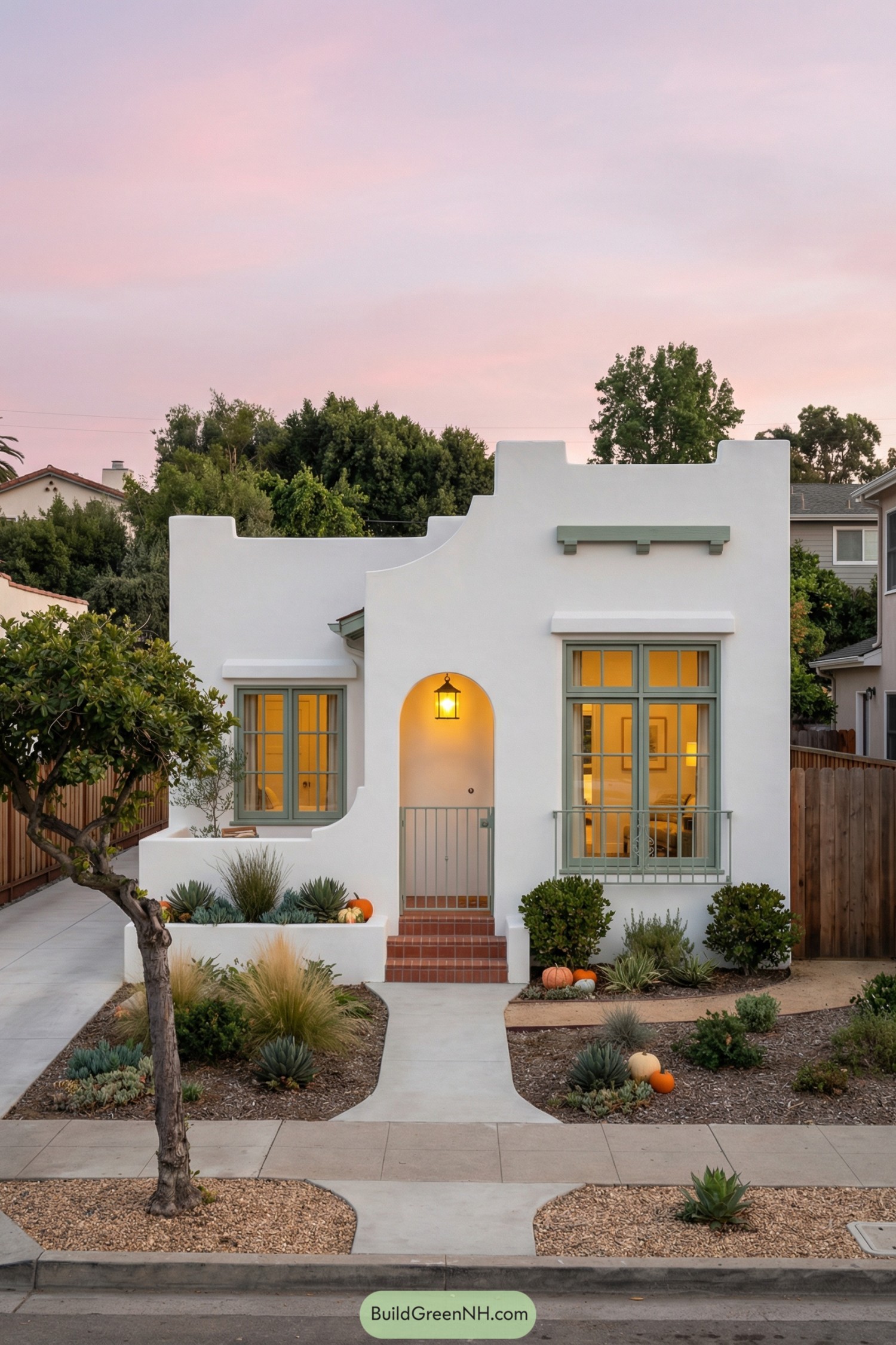 White stucco Spanish bungalow with mint green trim and drought tolerant front garden at dusk