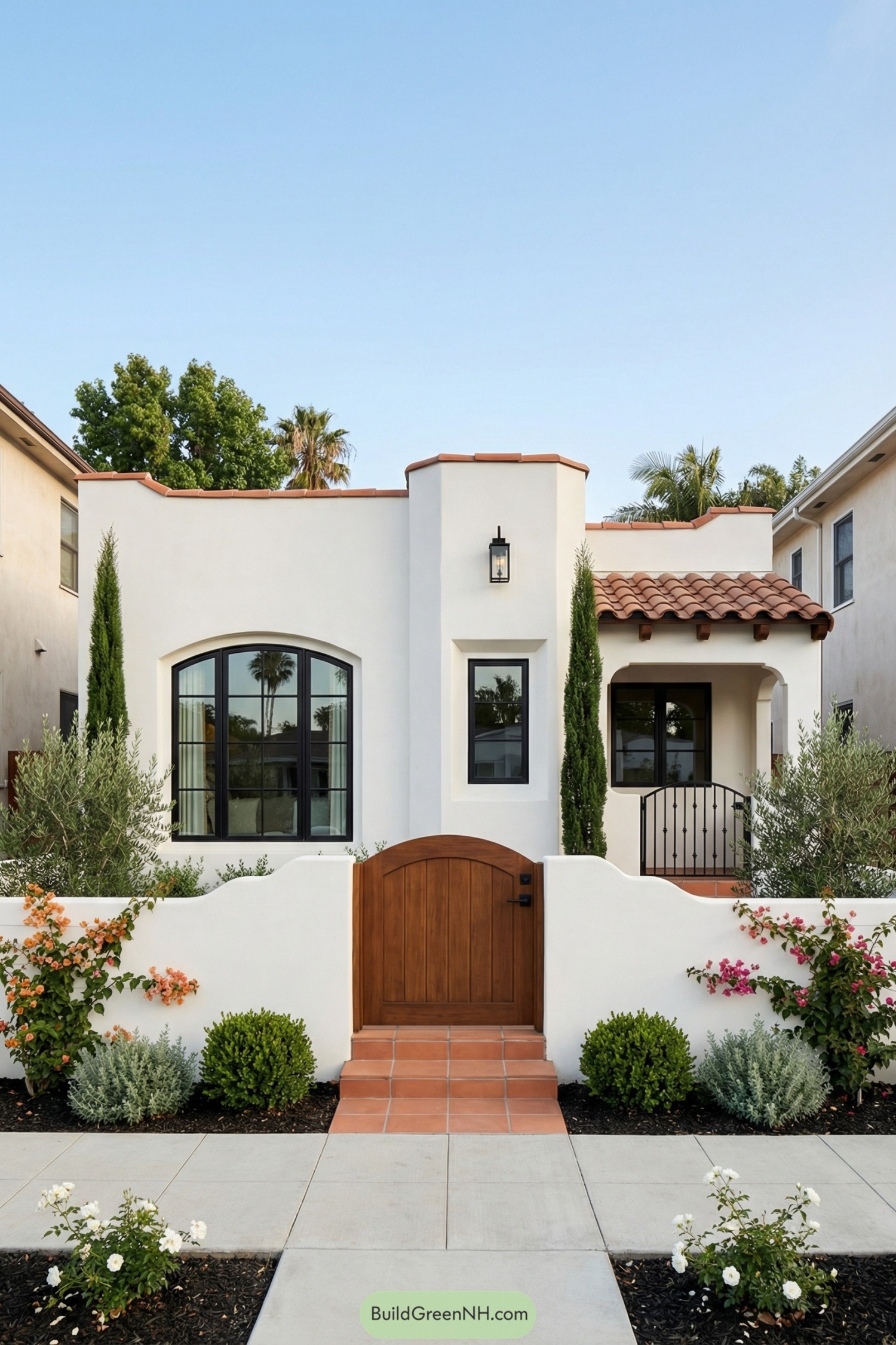 White stucco Spanish bungalow with terracotta roof and wood gate