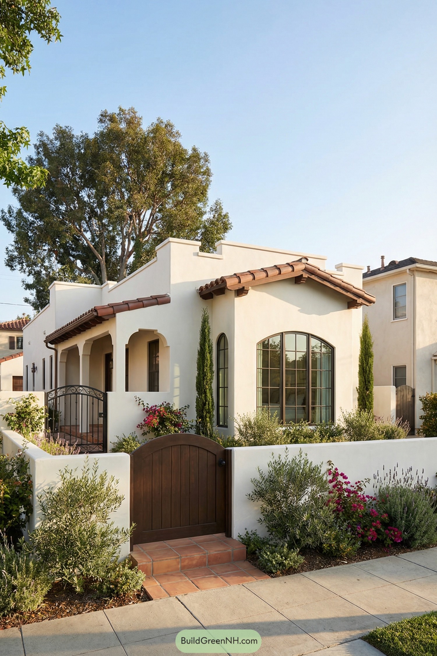 Spanish bungalow with white stucco walls and terracotta roof behind a small gated garden