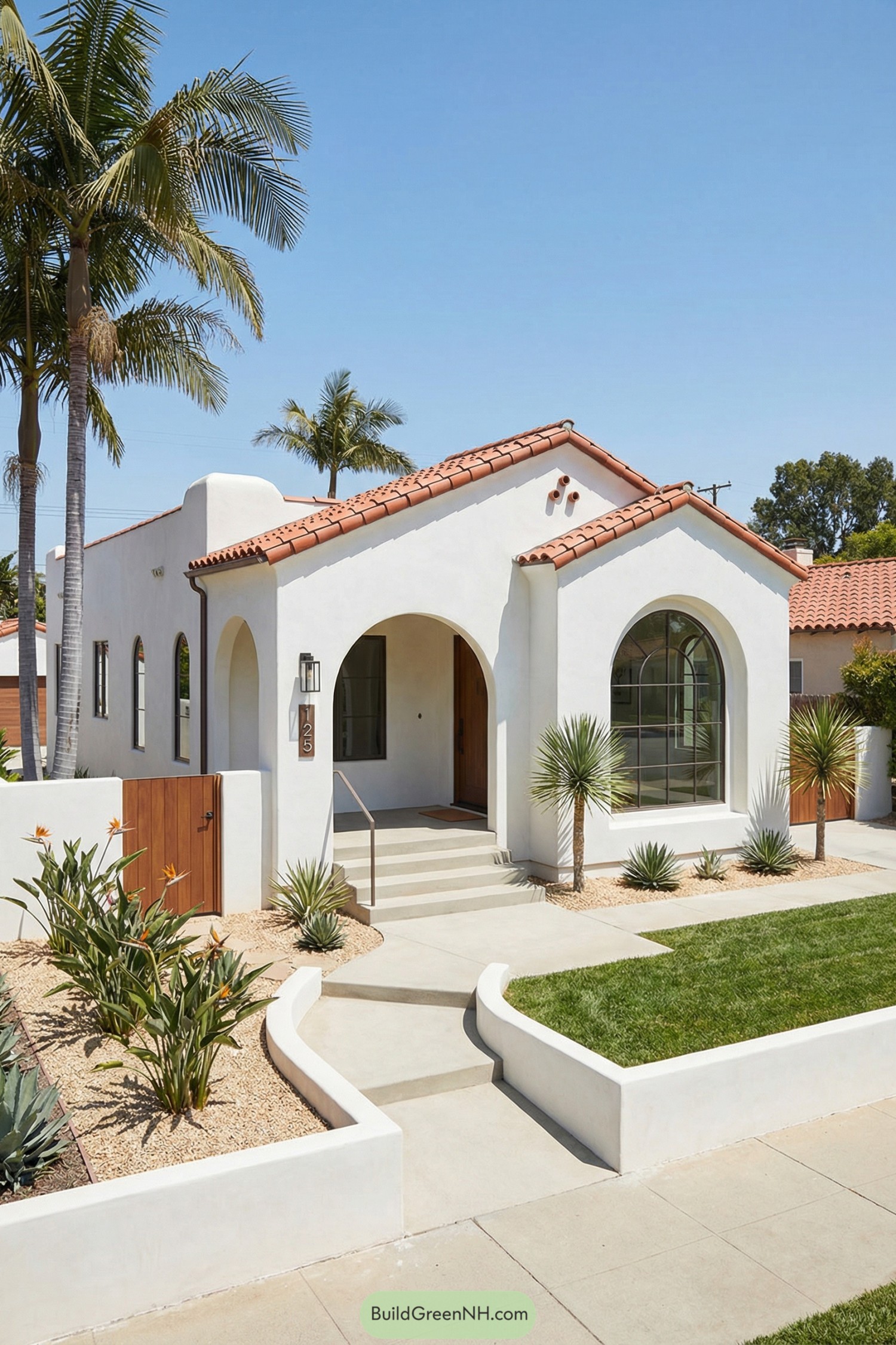 White stucco Spanish bungalow with red tile roof, large arched window, and desert style front garden under tall palms