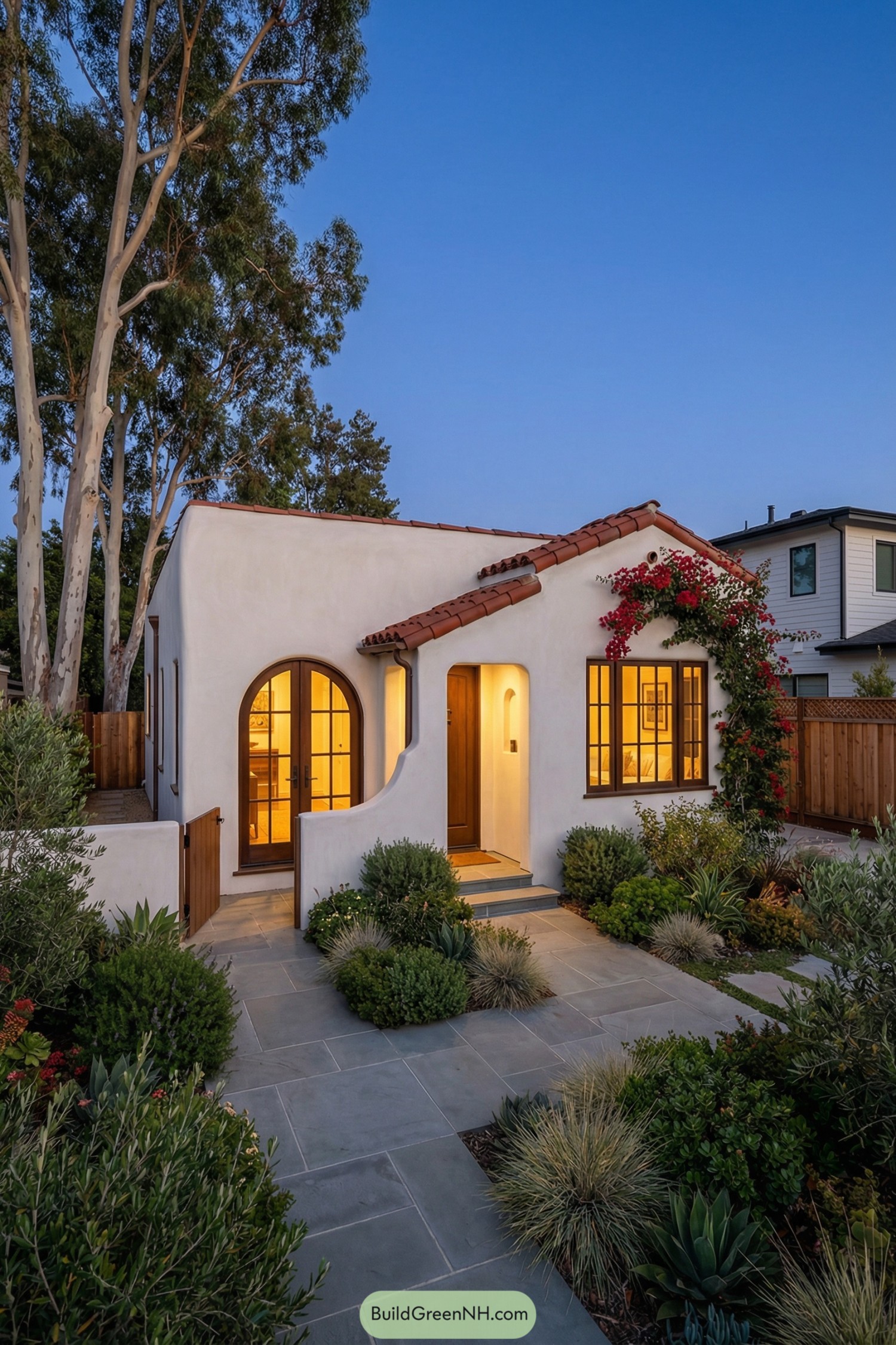 Small white stucco Spanish bungalow with red tile roof, arched wood openings, and lush drought tolerant garden at dusk