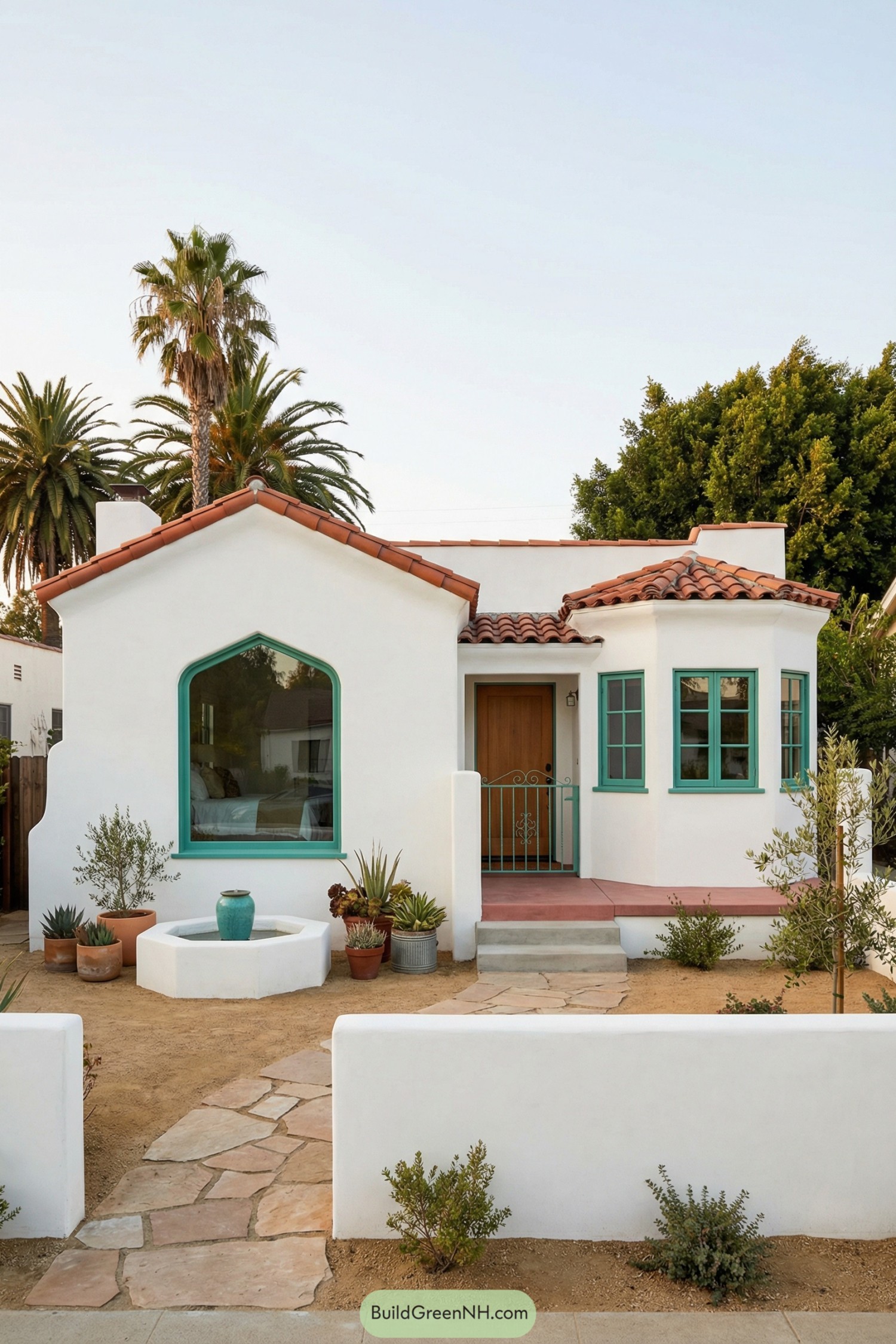 White stucco Spanish bungalow with teal trim