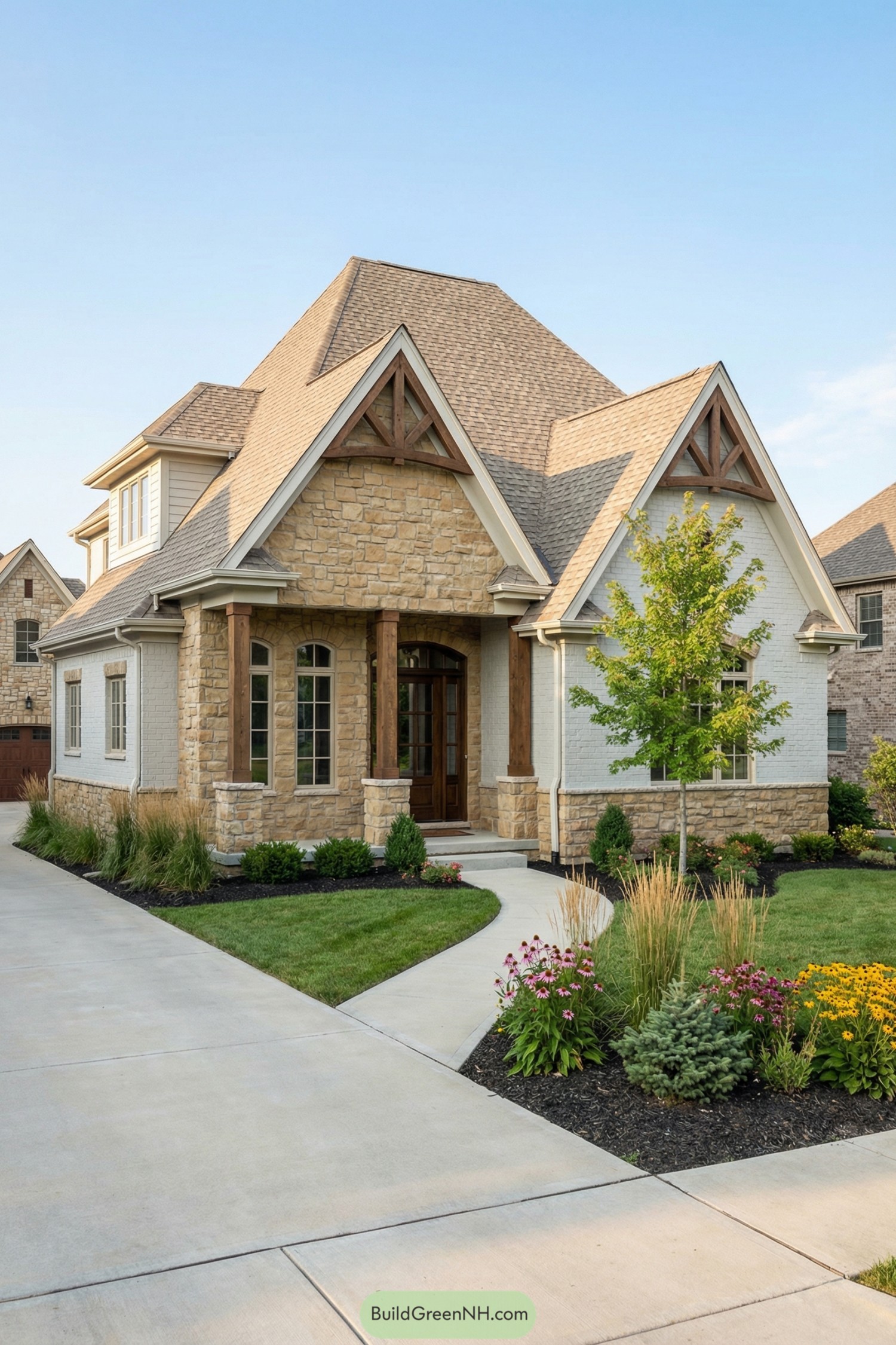 Stone front house with steep gables and wood accents framed by a curved walkway and colorful landscaping