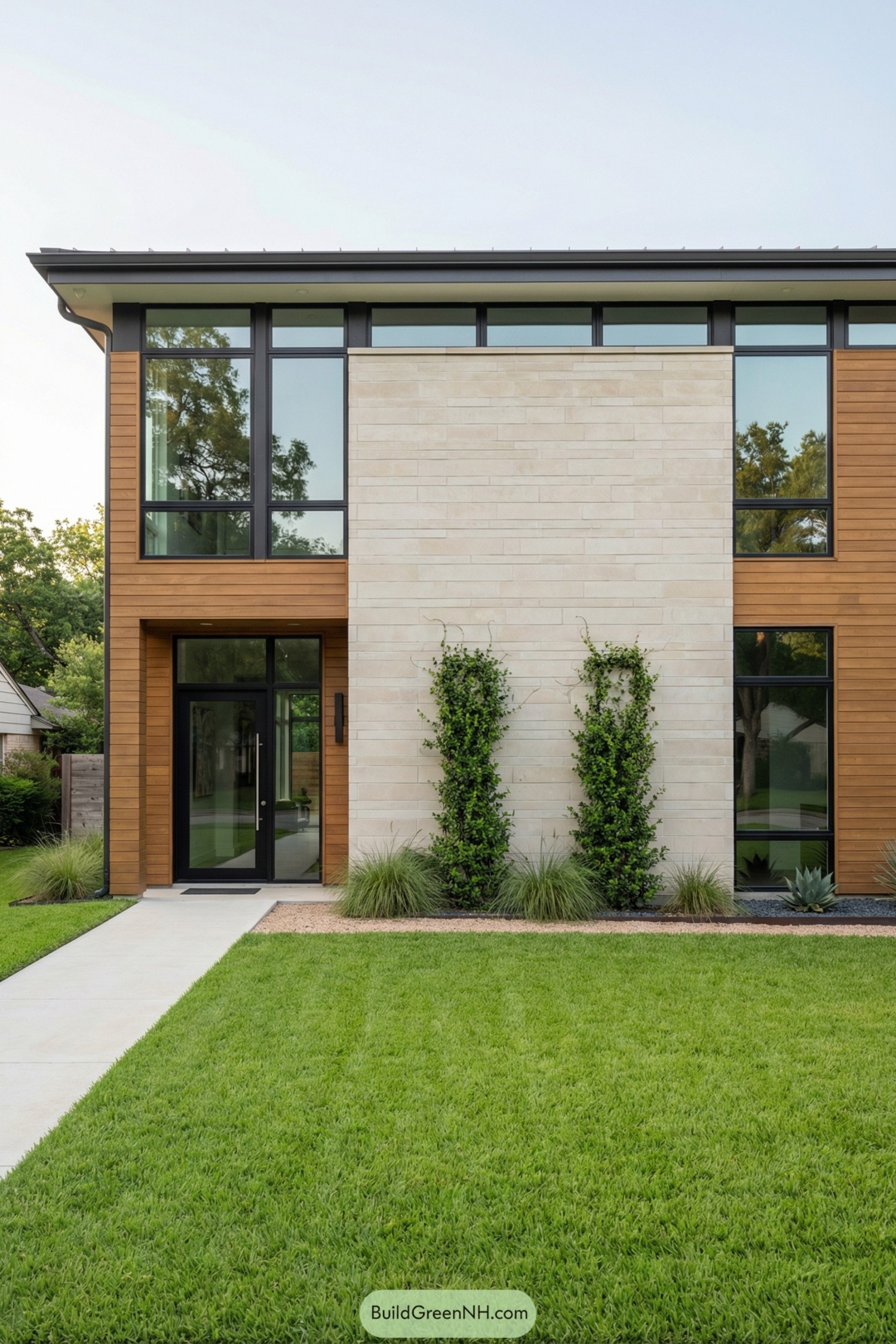 Modern two story home with pale stone center panel wood siding and tall black framed windows