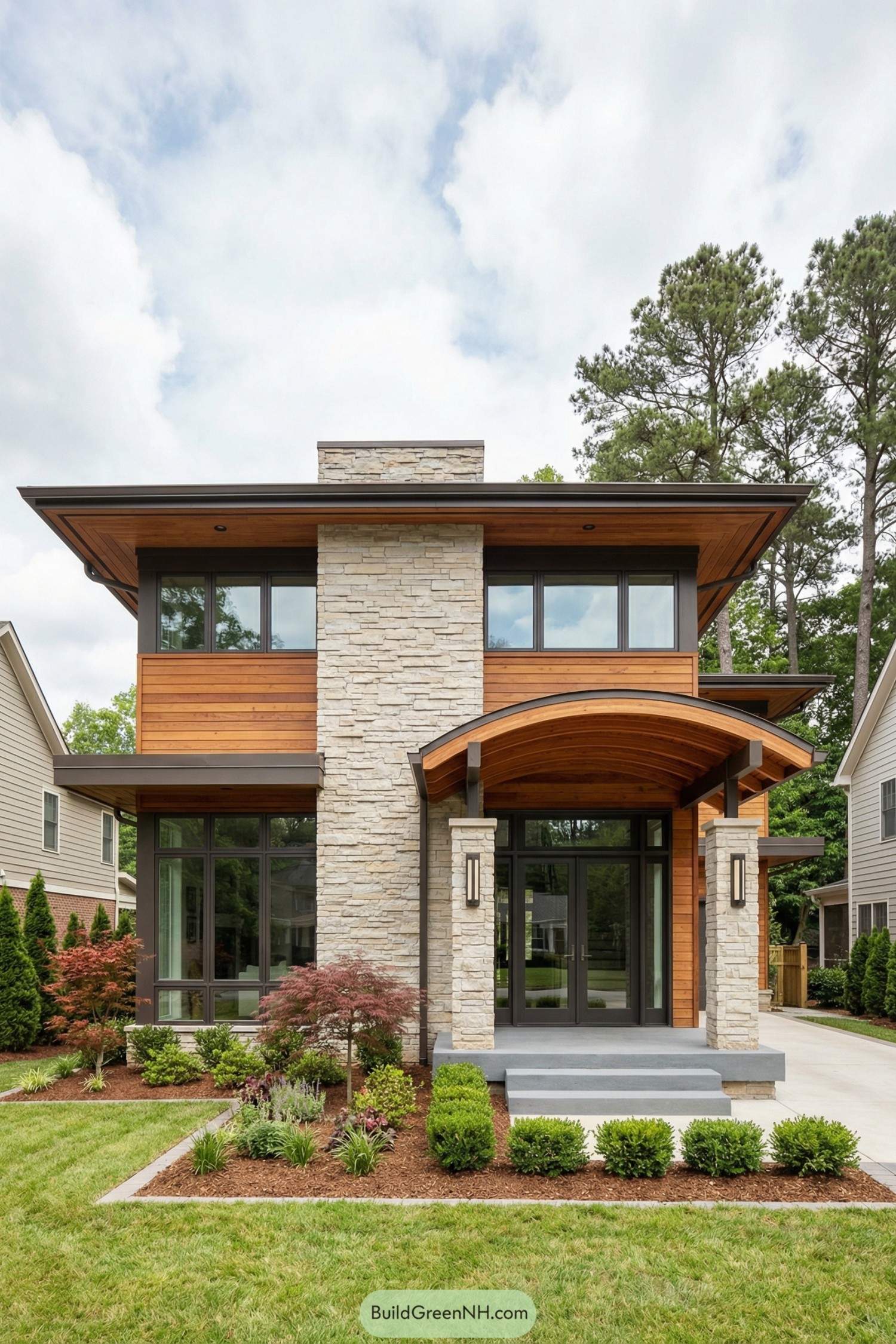 Modern home with stacked stone center tower and warm wood accents around a covered entry