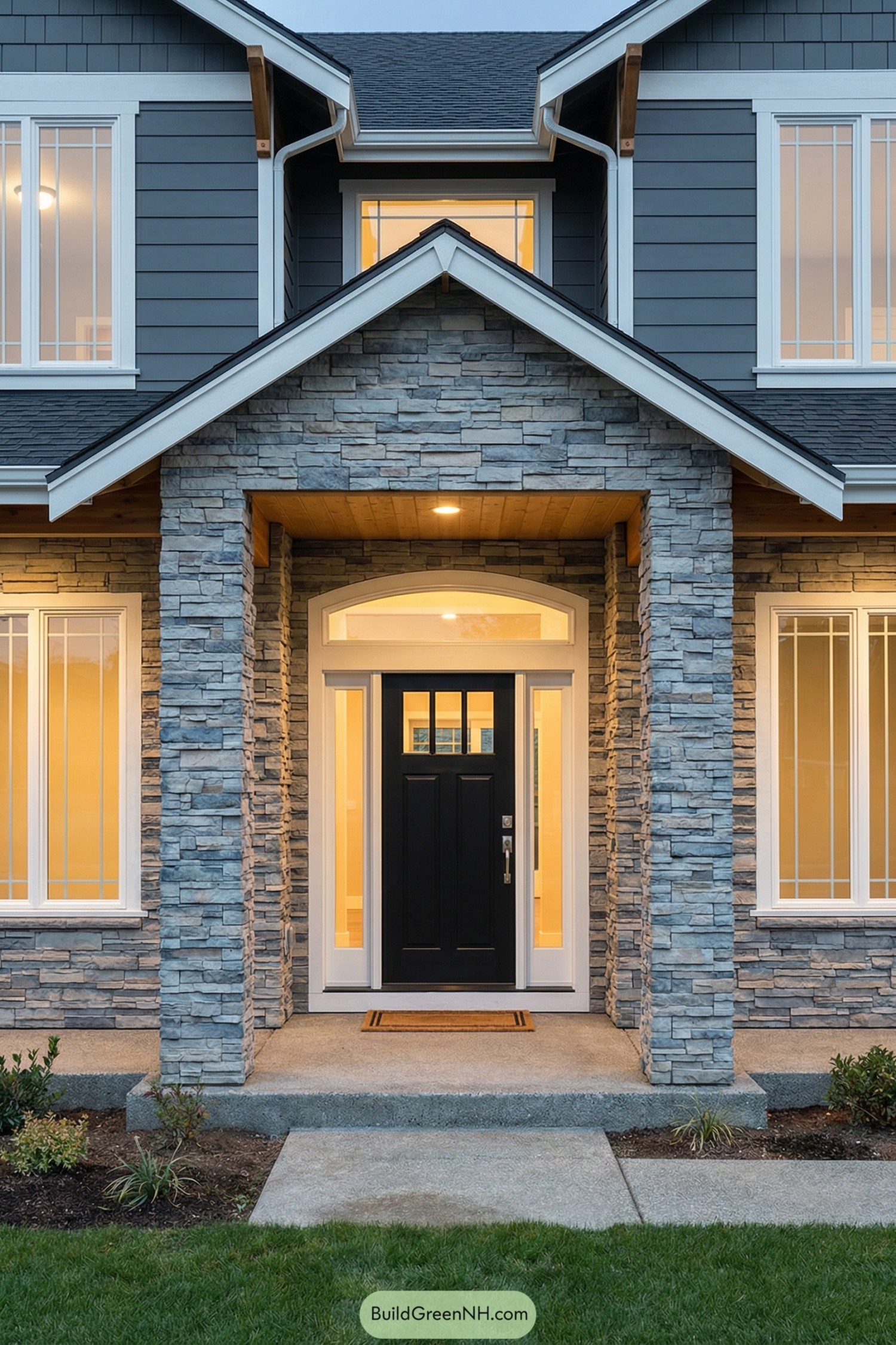 Gray stacked stone porch with black front door