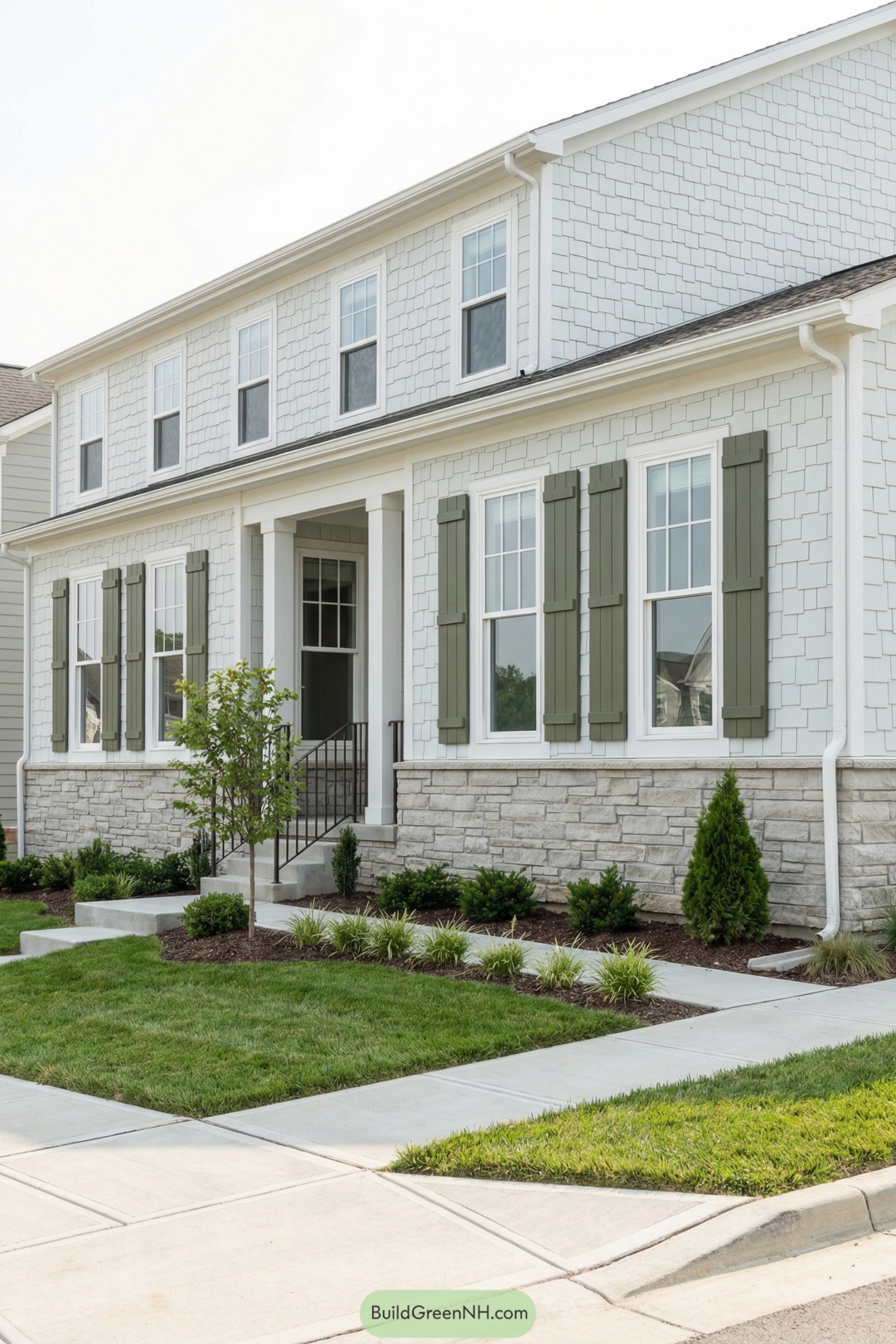 Light gray stone base with soft shingle siding and green shutters on a two story home