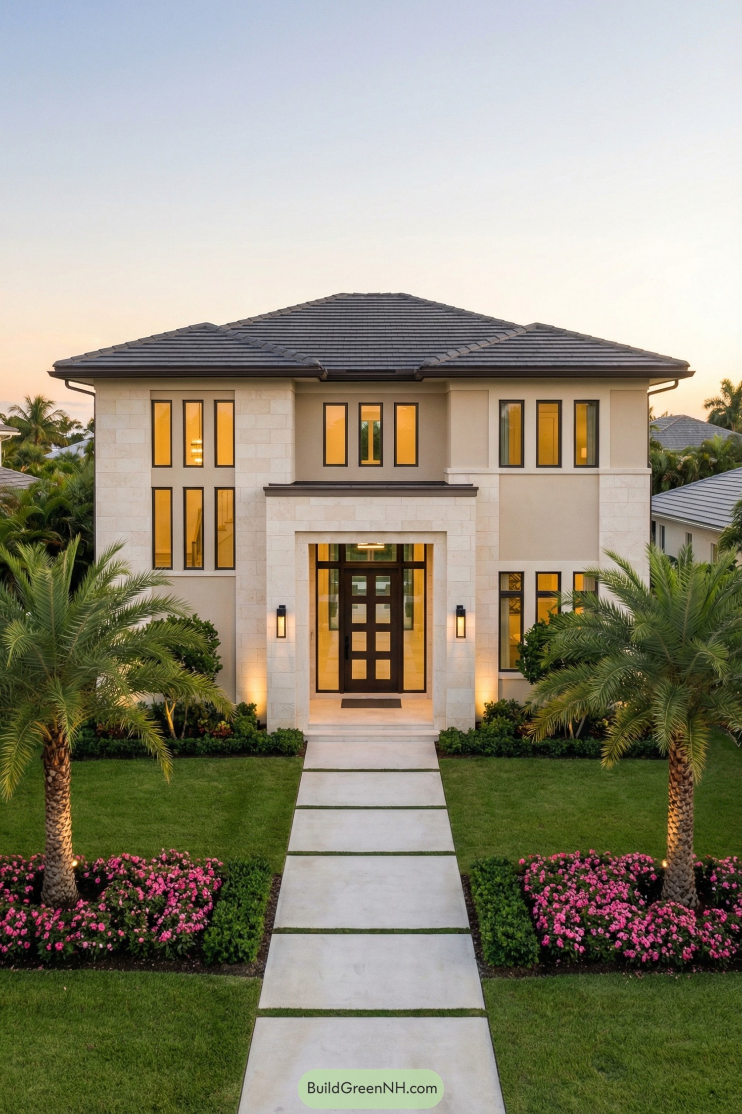 Contemporary two story home with pale stone facade framed entry and palm lined front walk