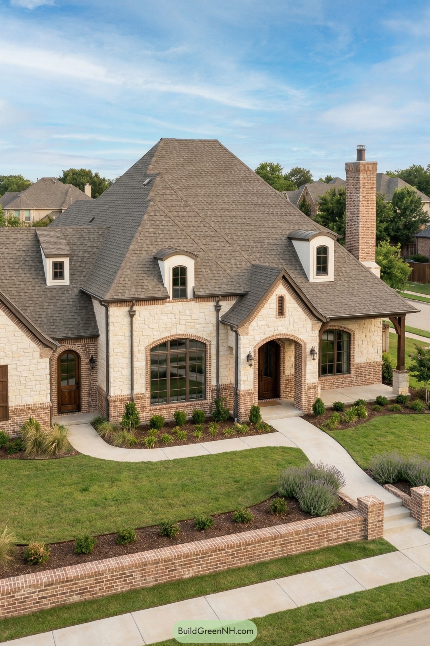 Large stone and brick suburban home with steep gray roof and manicured front yard