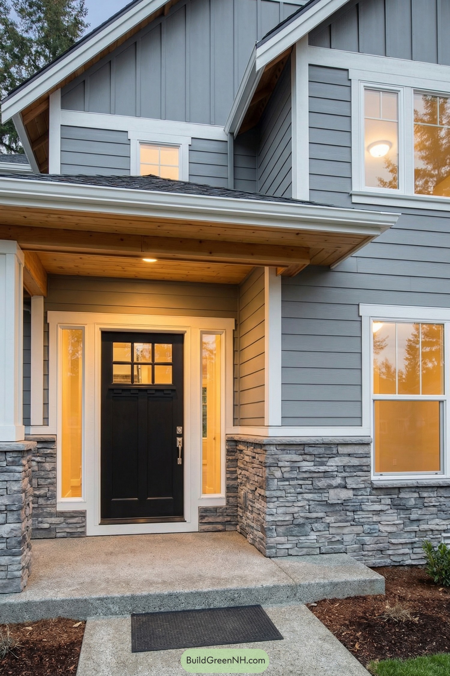 Gray stone base with modern gray siding and black front door