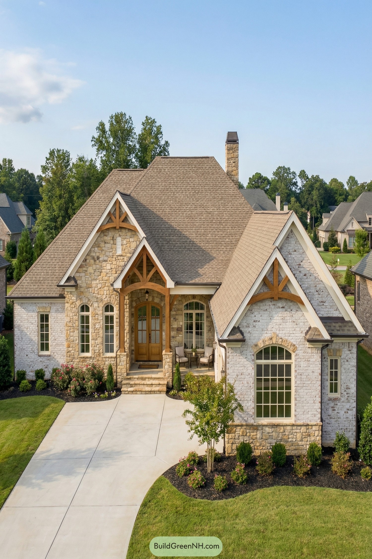 Stone and brick front home with steep gables and timber porch accents