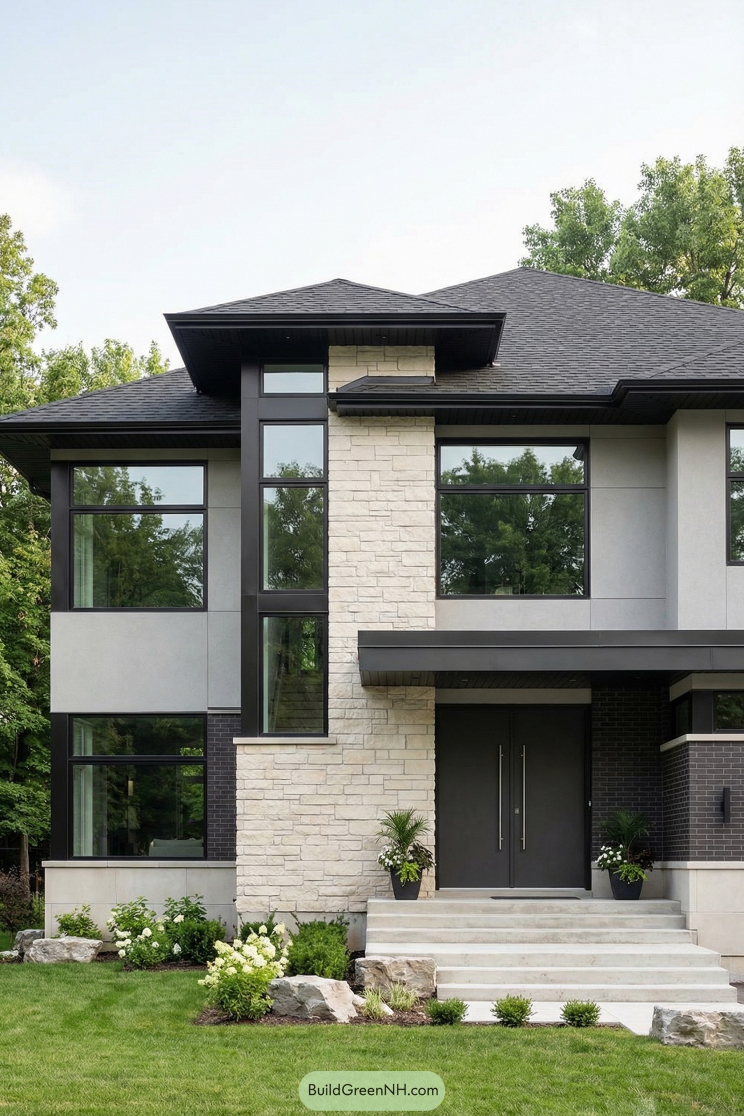 Modern two story home with tall stone accent column large black framed windows and a minimalist entry stair