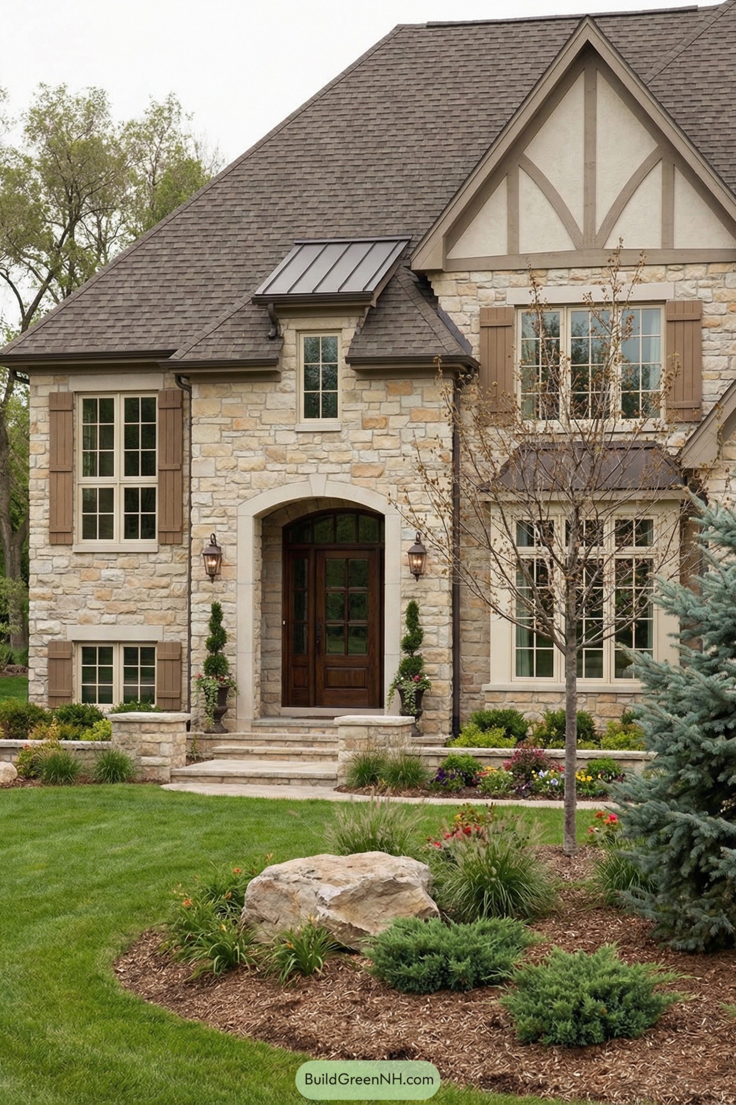 high-res photo of stone on home exterior, facade, materials, colors, windows style, roof style, door style, outdoor area, landscaping, surrounding background. Traditional manor-style facade with multiple intersecting gables, prominent central stone entry volume, asymmetrical composition. Exterior walls clad in irregular ashlar stone in warm beige, tan, and light gray tones with subtle variation, light mortar joints, limited light-cream trim at corners and openings. Upper gable on right accented with light stucco panels and thin dark wood trim in simple half-timber pattern. Steeply pitched roof with dimensional asphalt shingles in dark brown-gray, clean eaves, simple metal gutters, small shed roof above entry in dark standing-seam metal. Tall rectangular windows with white or light-cream frames and multiple panes, some paired, some single, a few flanked by simple medium-brown wooden shutters. Main entrance set in a deep stone archway, dark stained double wooden doors with glass panels, sidelights, and transom, flanked by slender topiary planters and traditional bronze wall lanterns. Short stone stair and small stone landing leading to entry, edged by low stone walls and dense foundation planting. Front yard with sweeping green lawn, large natural boulder, layered planting beds with brown mulch, low evergreen shrubs, ornamental grasses, colorful flowering plants, and a few small conifers. Medium deciduous tree with bare or sparse branches placed near front, partially screening facade, additional evergreen tree with bluish foliage near center. Background with more trees and soft greenery suggesting a lush, well-kept suburban or estate setting under bright but gentle daylight. single real-life photo, high-resolution, architectural photography, soft lighting, cinematic composition, strictly no collages.