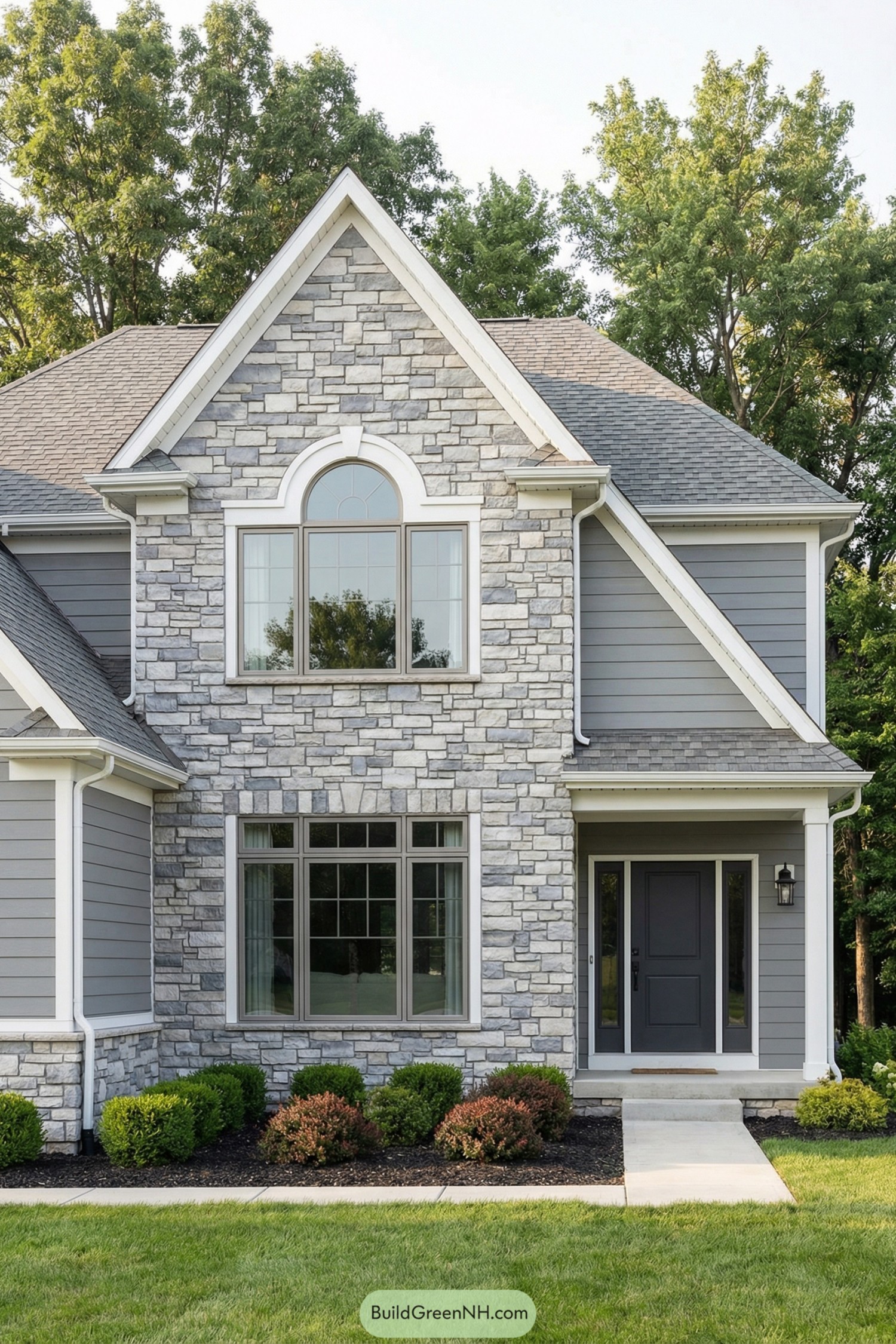 Light gray stone facade with tall gable and dark front door