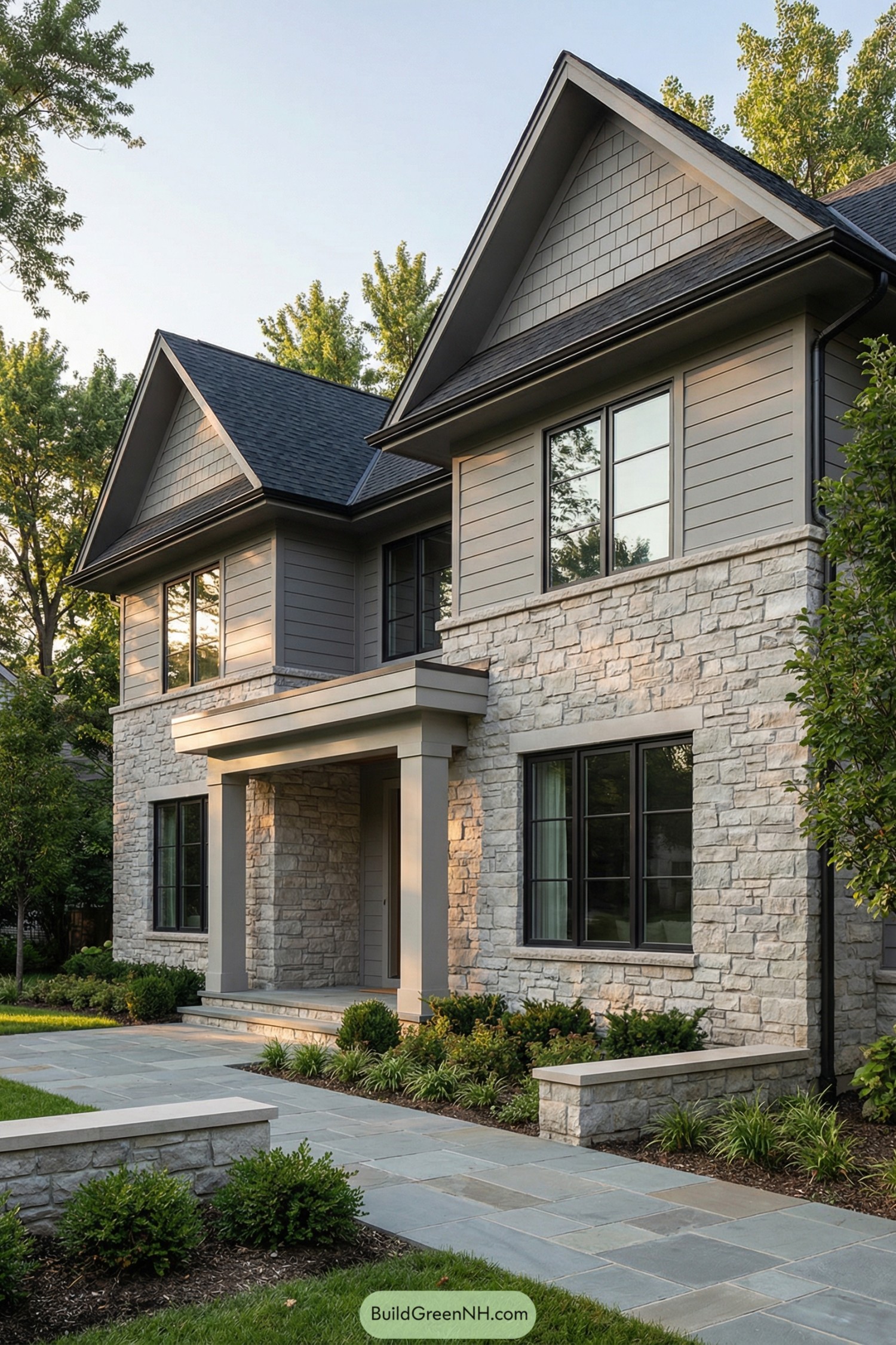 Modern two story home with light stone facade and gray siding