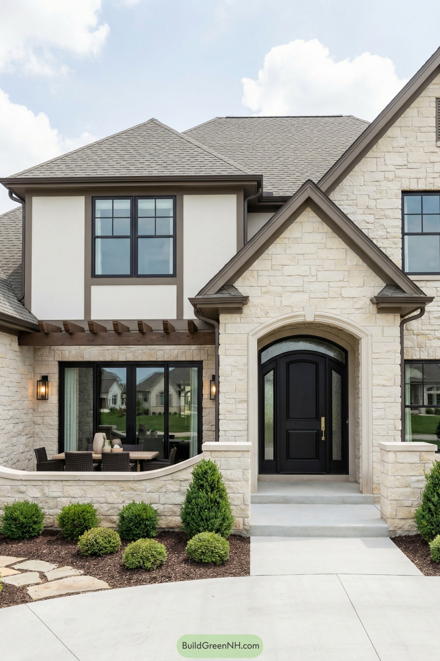 Light stone exterior with dark trim and arched black front door