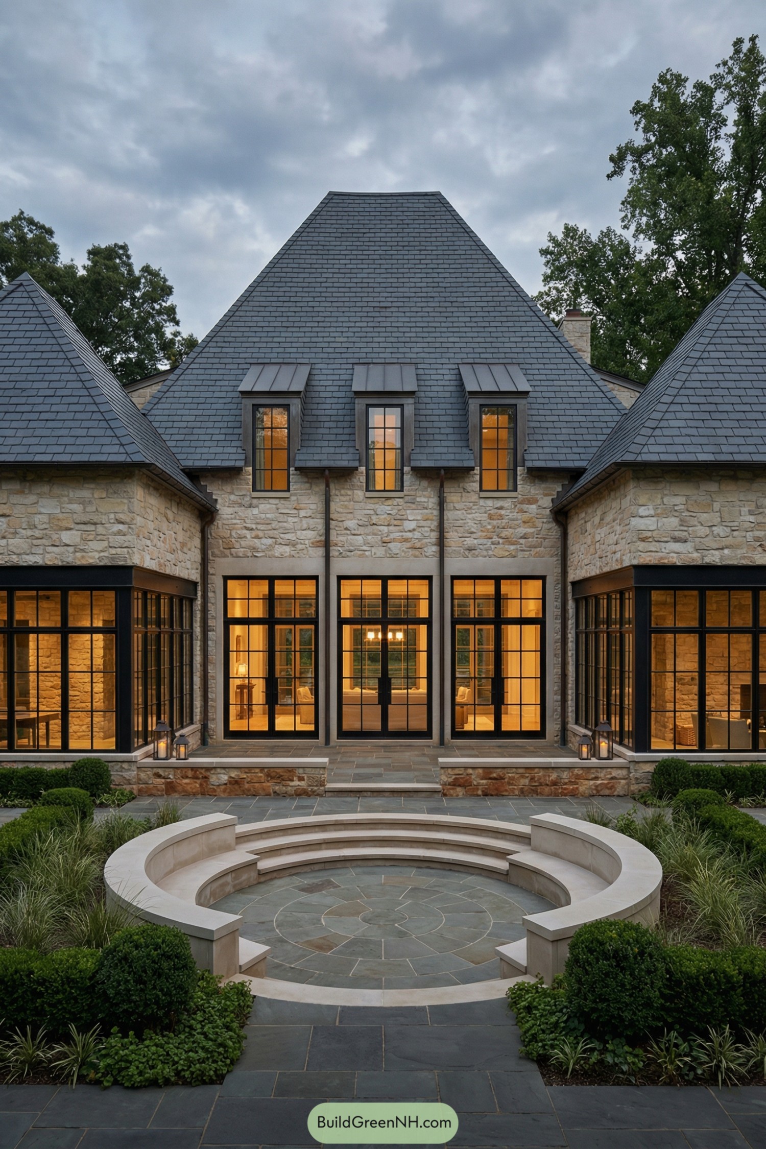 Stone and glass chateau exterior with circular sunken courtyard