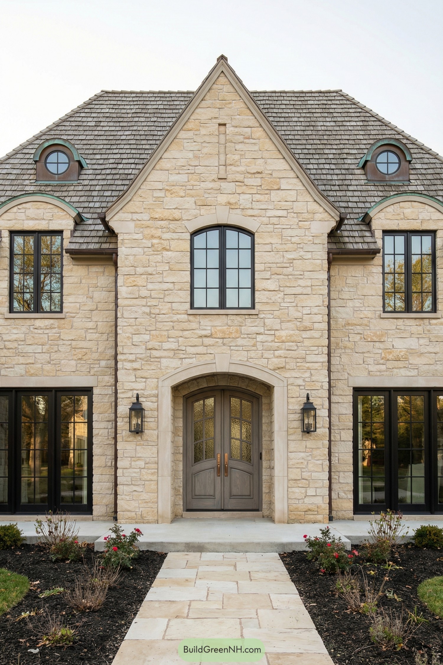 Cream stone house facade with arched front door and tall black framed windows