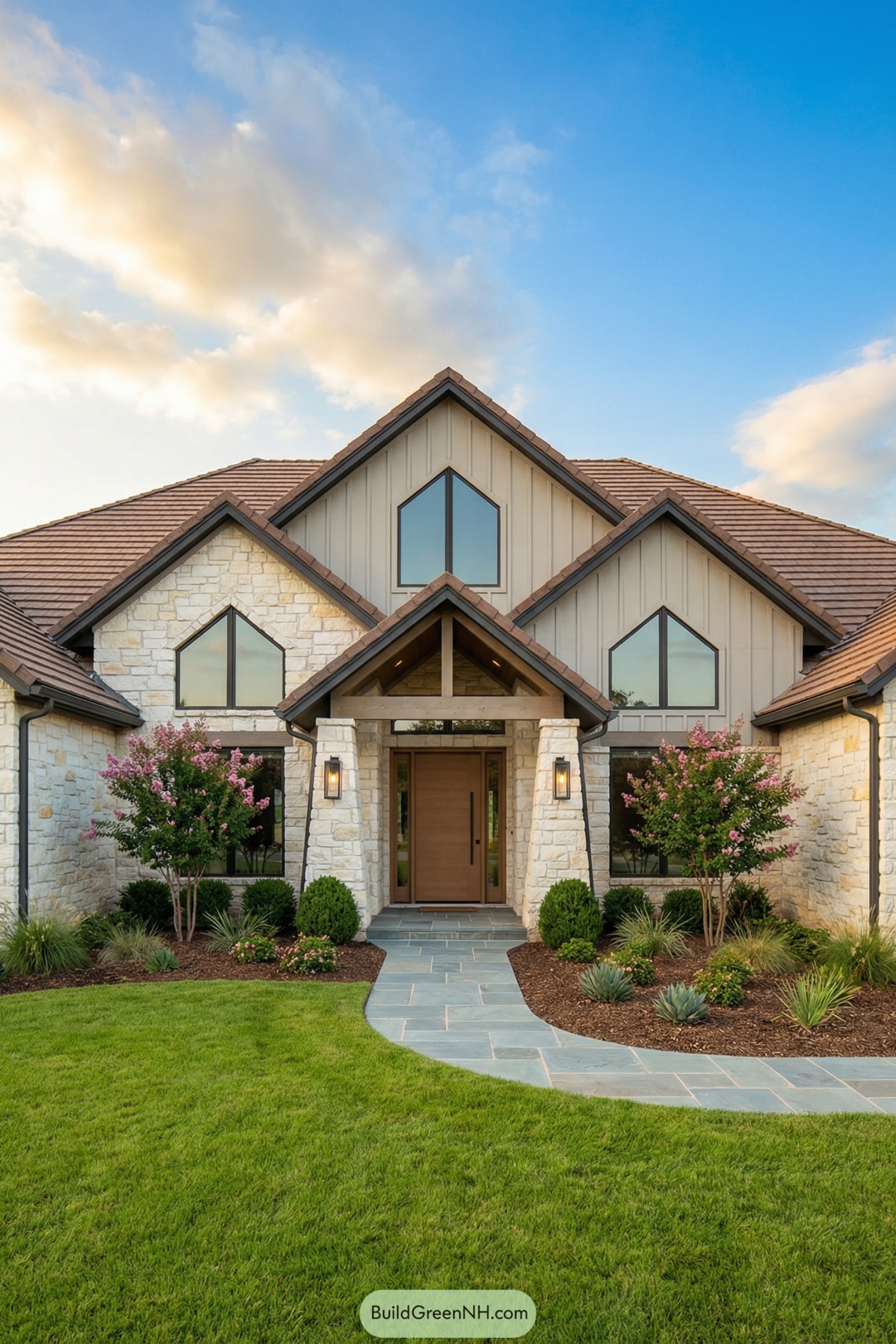 Modern home exterior with light stone walls and gabled roof