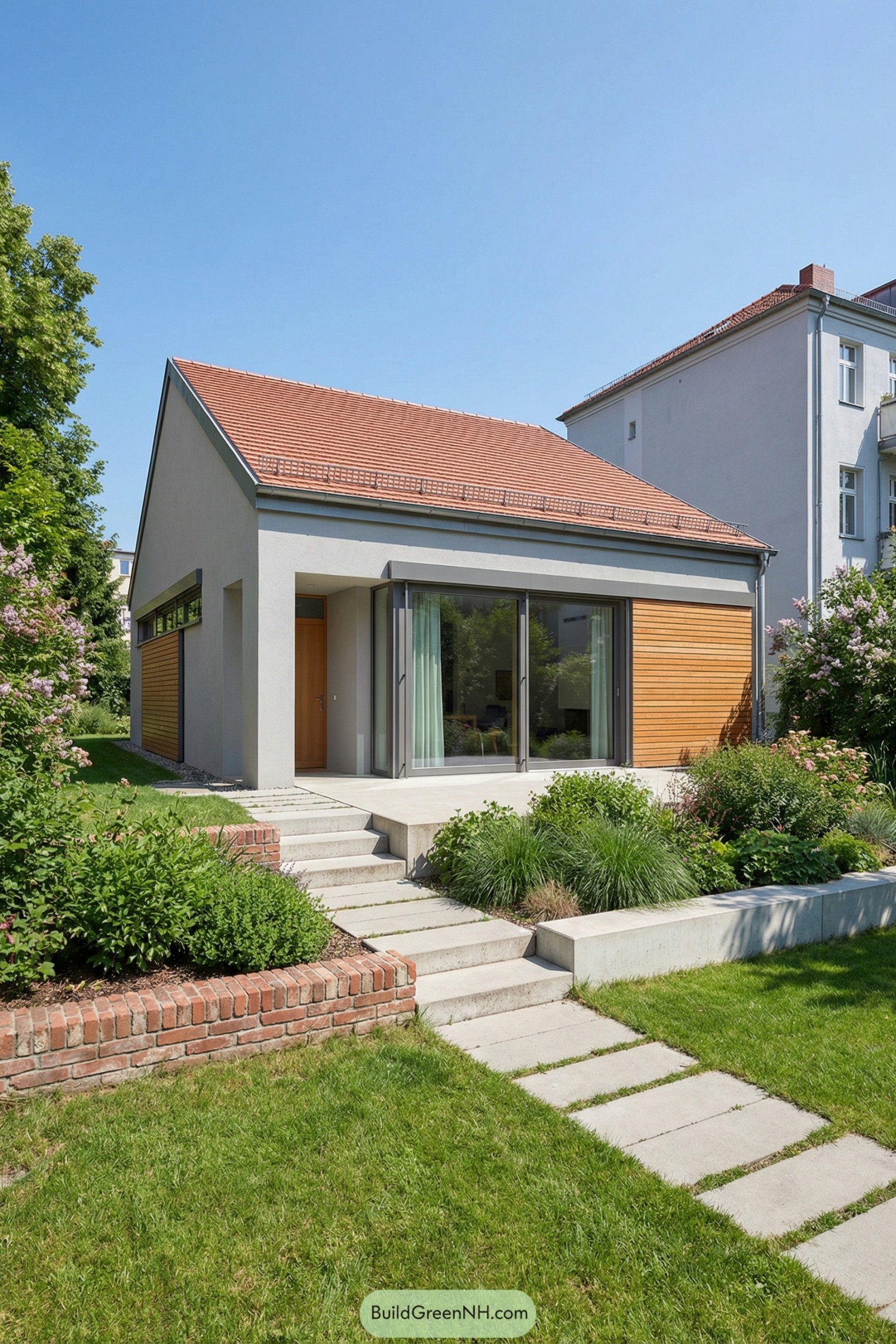 Compact modern house with gable roof opening to a landscaped garden