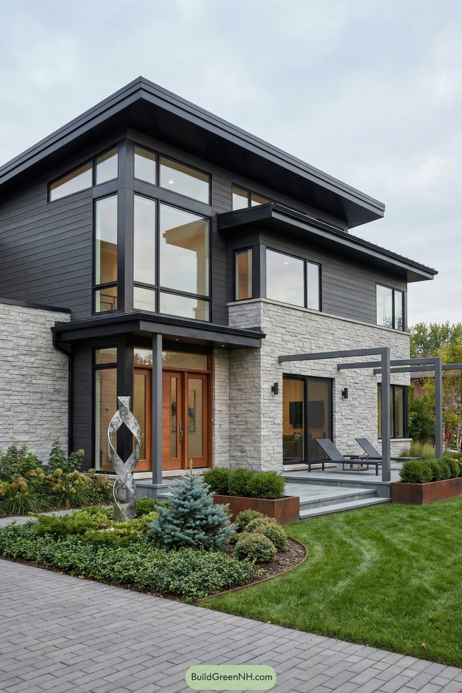 Contemporary two story house with large windows and a sculpted front garden