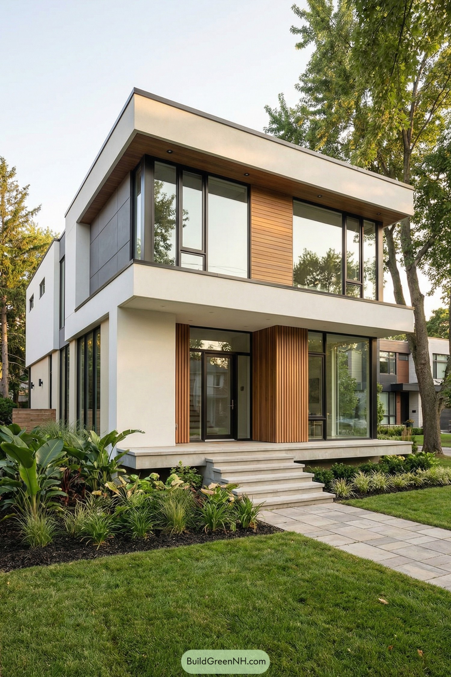 Modern two story house with large glass walls and a low planting bed wrapping the front entry steps