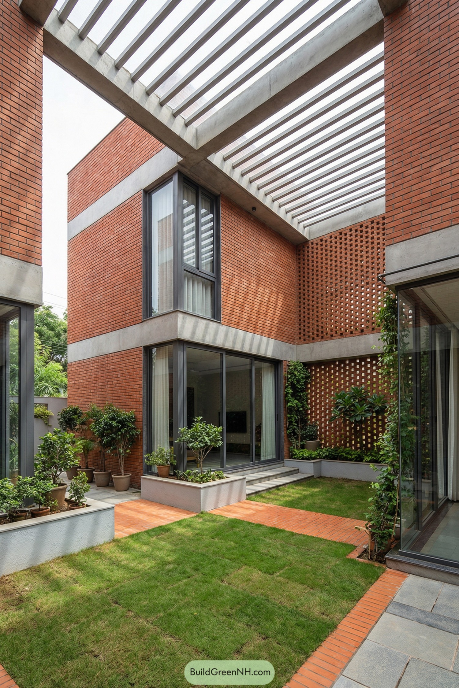 Modern brick courtyard home with lawn and pergola roof