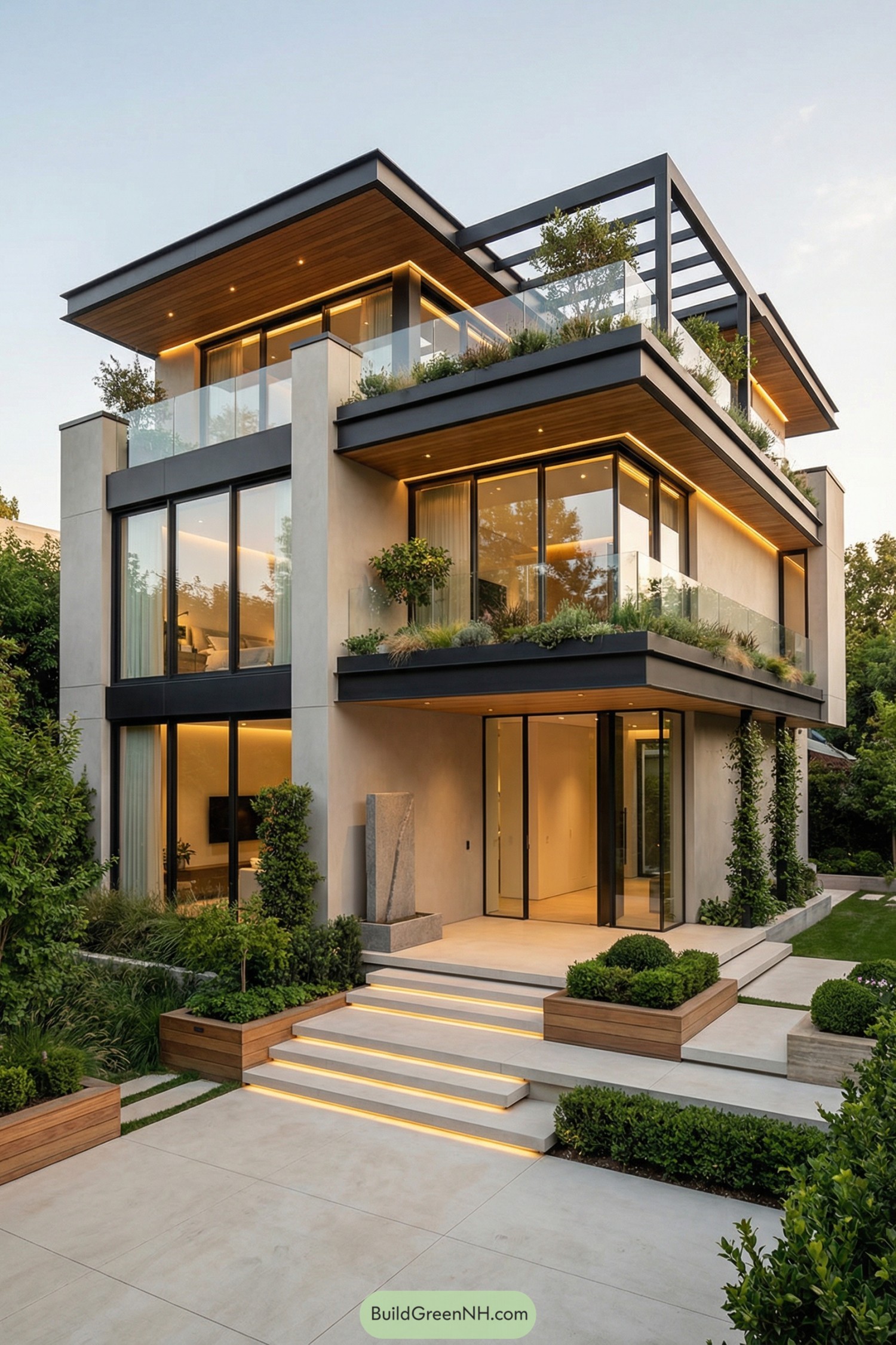 Modern three story house with glass walls layered terraces and lush planters