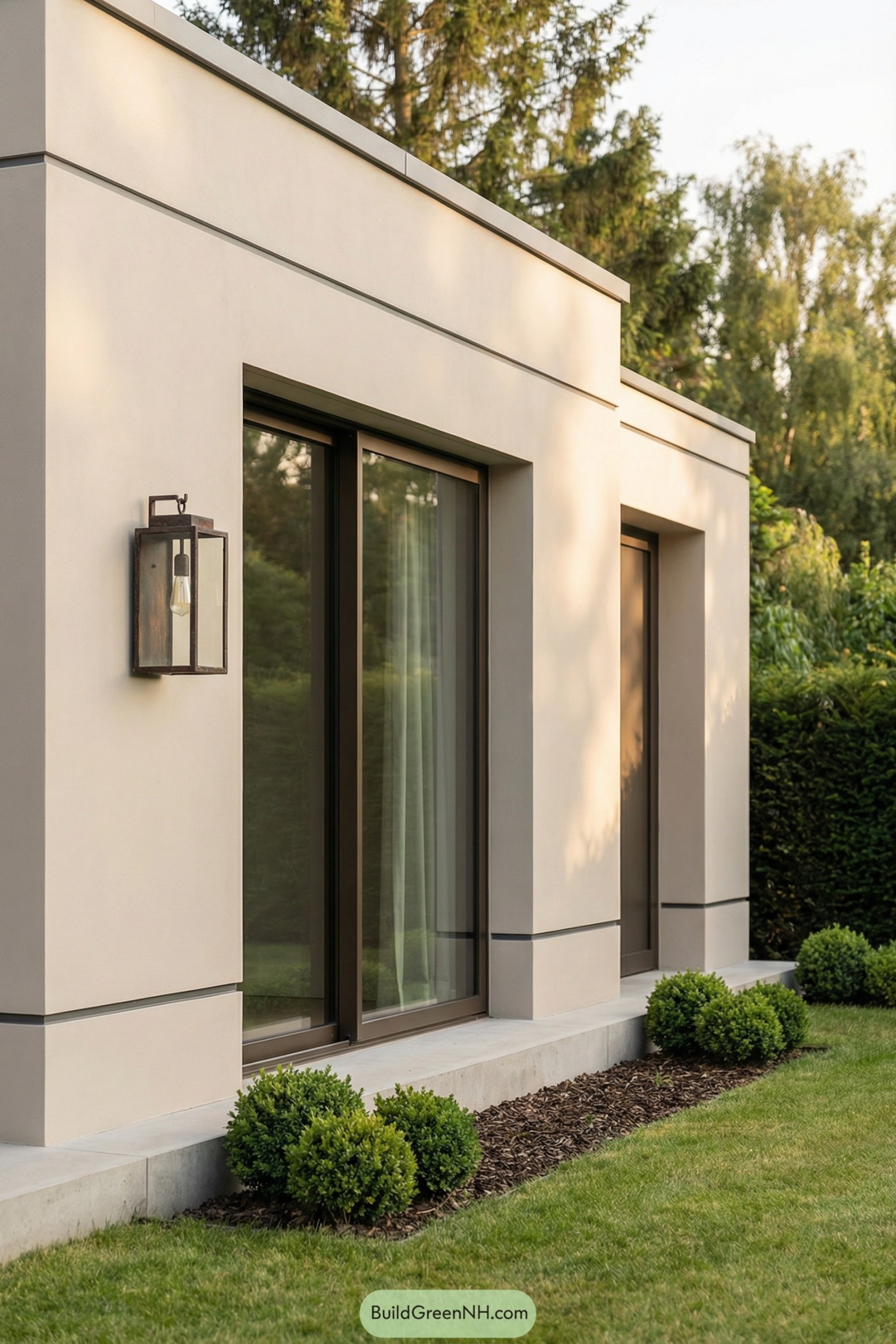 Creamy stucco facade with tall sliding doors and clipped shrubs along a neat lawn