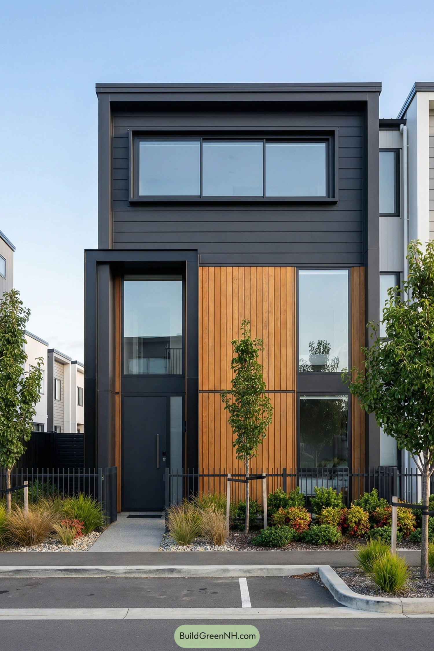 Modern townhouse with dark cladding, vertical timber accents, and a small planted front garden