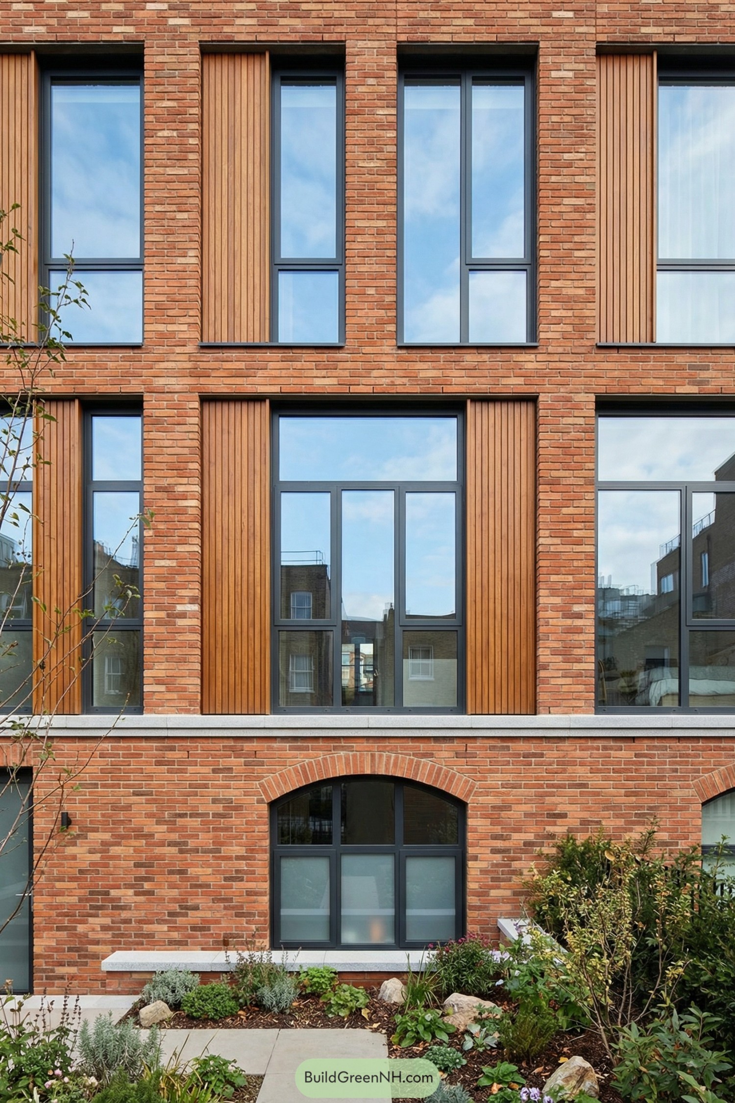 Modern brick townhouse facade with tall windows and planted front garden