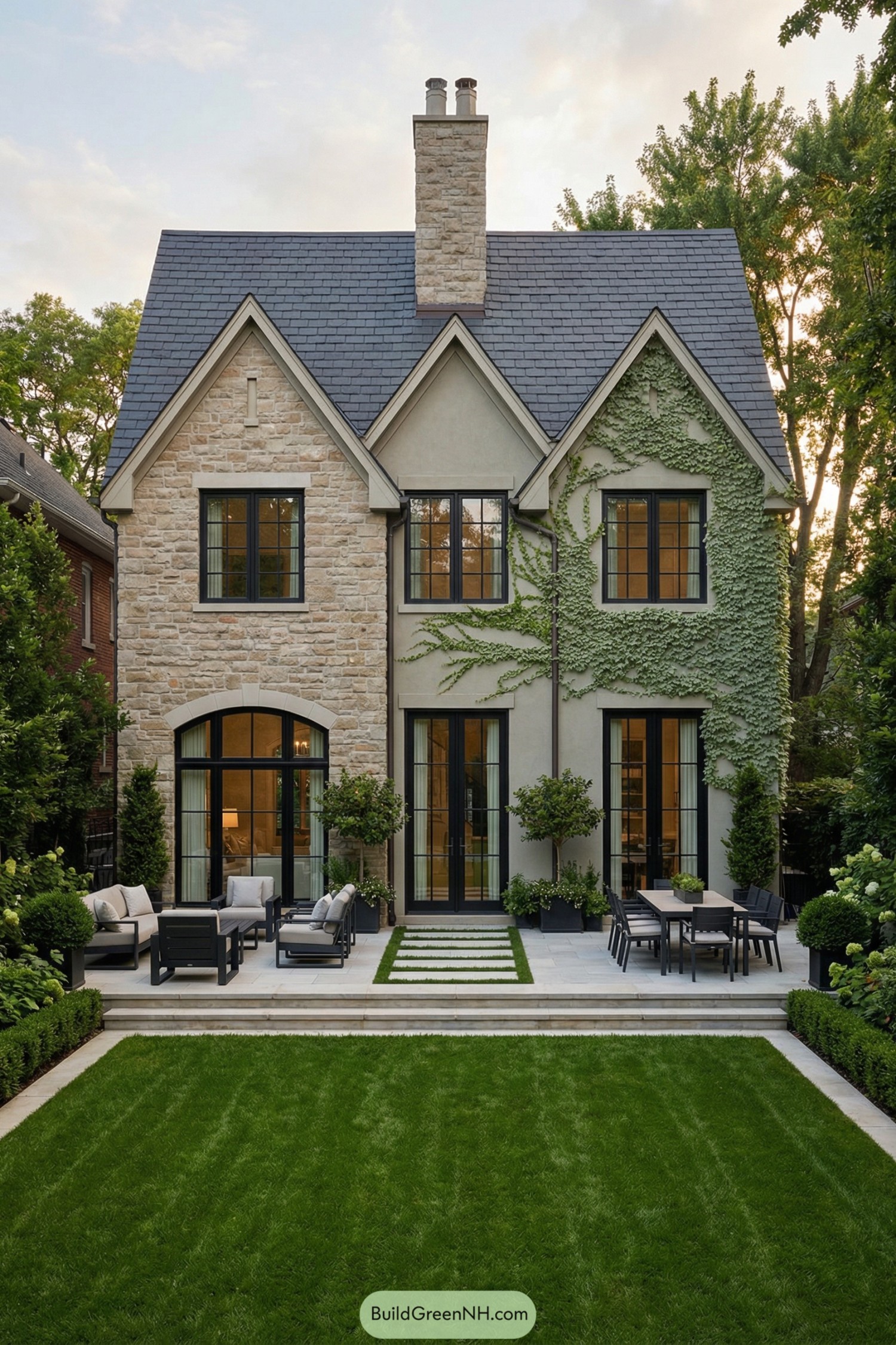 Charming stone and stucco house with manicured lawn and modern outdoor seating areas