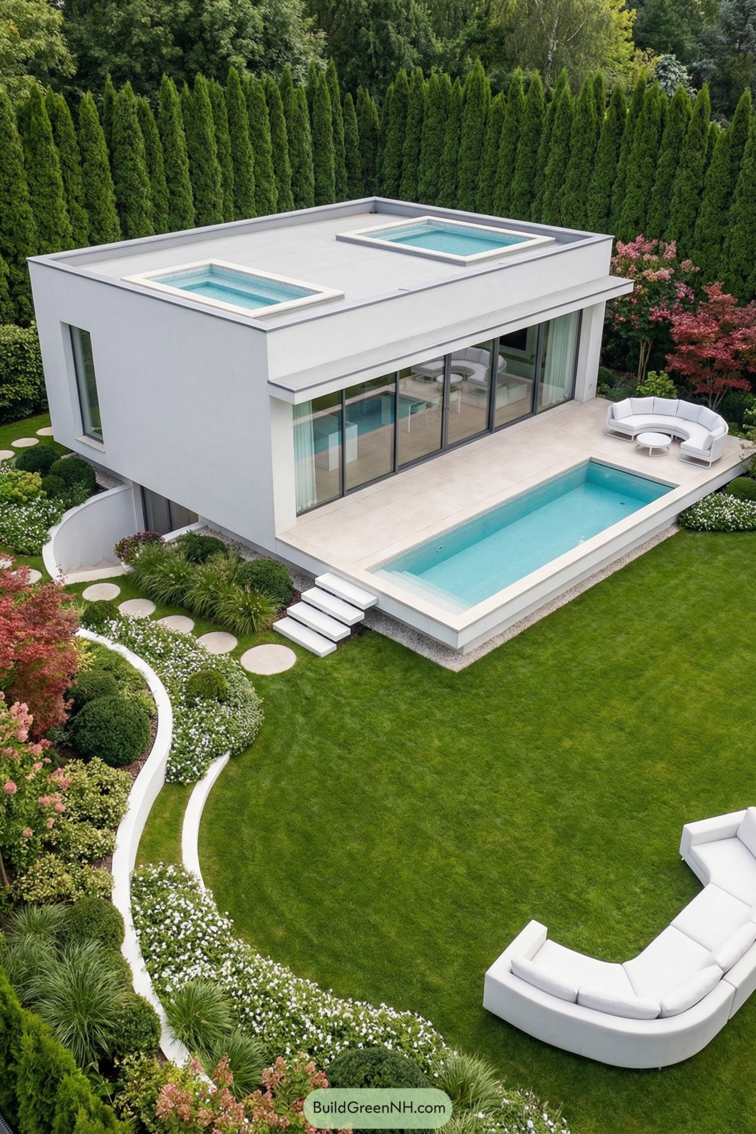 Modern white box house with rooftop and terrace pools overlooking a lush sculpted garden