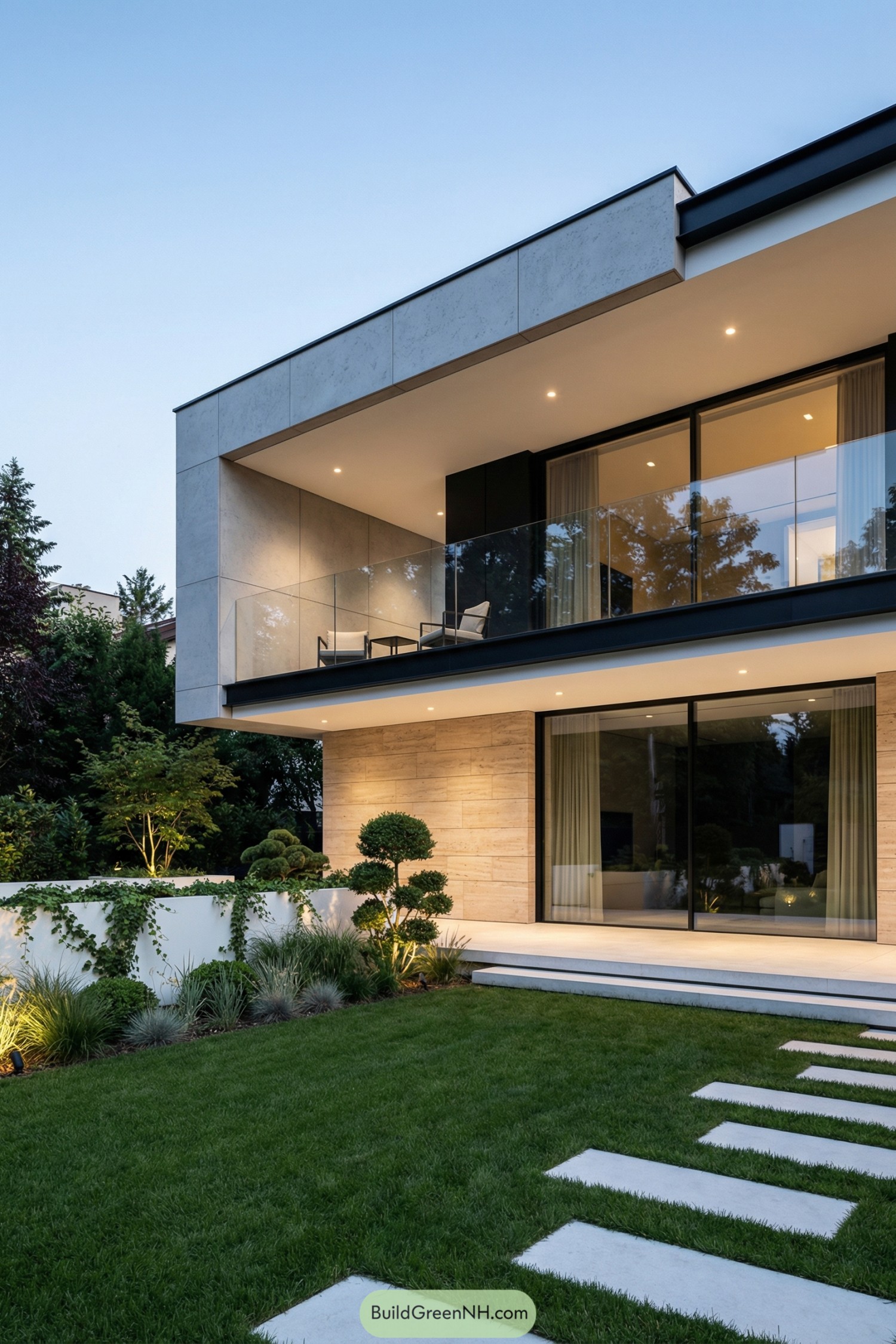 Modern two story house with glass balcony overlooking a landscaped lawn and minimalist garden