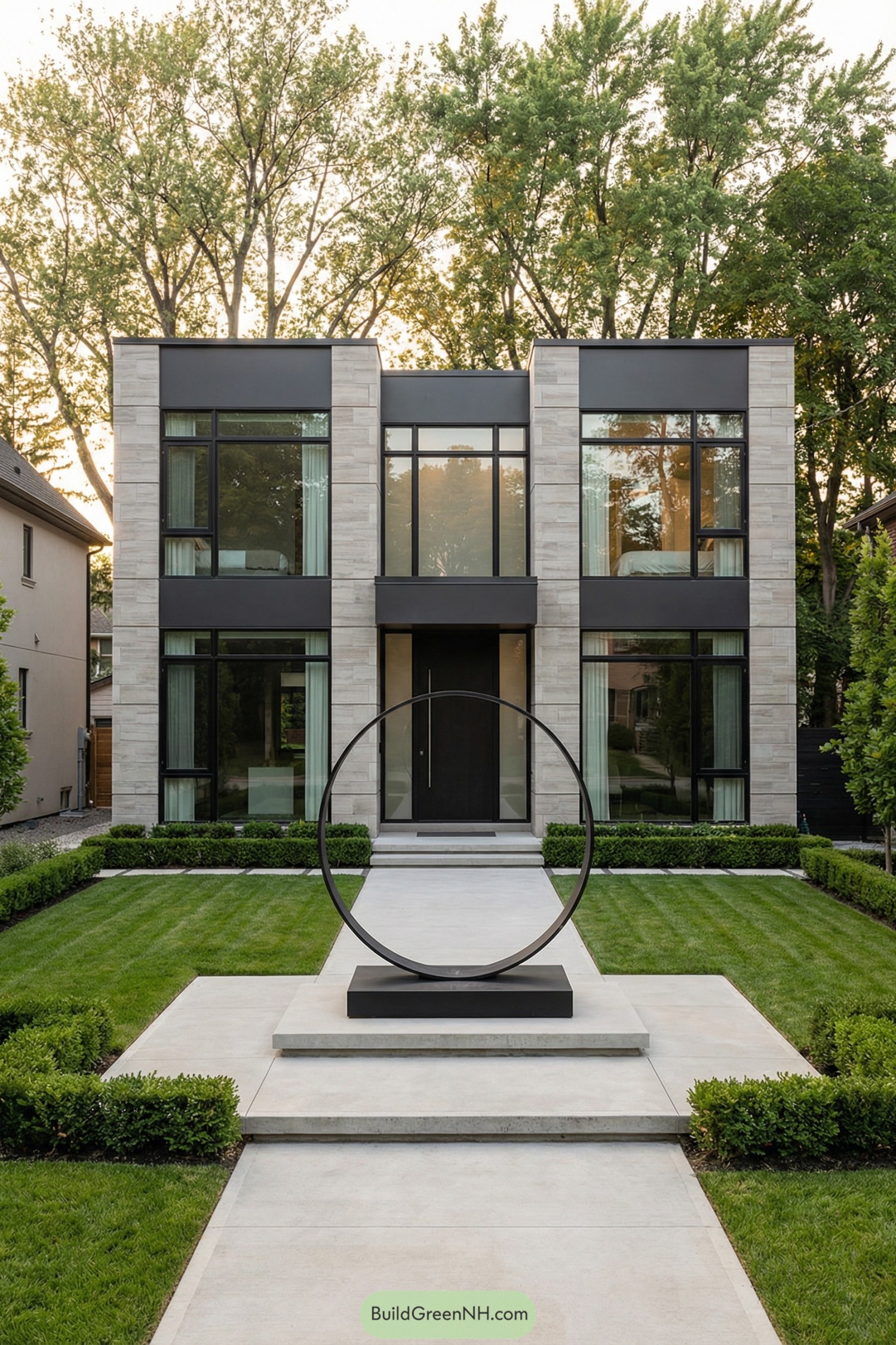 high-res photo of urban house exterior with garden, facade, materials, colors, windows style, roof style, door style, outdoor area, landscaping, surrounding background. Two-story contemporary cubic facade with strong horizontal lines, central volume slightly recessed, symmetrical composition. Exterior clad in light gray-beige stacked stone panels combined with dark charcoal metal bands and framing. Rectilinear shape with clean edges, flat roof plates with thin overhangs and dark metal fascia. Full-height floor-to-ceiling windows in large vertical and horizontal bays, black aluminum frames, clear reflective glass, continuous window strip across upper floor. Minimalist main entrance centered, single tall dark pivot door with full-height sidelight, flush surface, no ornament. Front outdoor area with wide linear concrete walkway and low platforms aligned to facade, leading from foreground lawn toward entrance. Prominent circular black stone or metal sculpture on a low square plinth centered in front garden, aligned with entry axis. Surrounding garden with expansive, perfectly trimmed green lawn, geometric layout, narrow rectangular lawn panels divided by subtle seams. Low, dense boxwood or hedge borders framing the sculpture and along house base, simple and linear. Background with tall mature deciduous trees in soft green foliage rising behind and around the house, partial neighboring low building to the left, distant trunks filtering warm light. Scene in soft late-afternoon or early-evening lighting, subtle reflections in glass, calm sky, overall balanced and cinematic front-on composition. single real-life photo, high-resolution, architectural photography, soft lighting, cinematic composition, strictly no collages