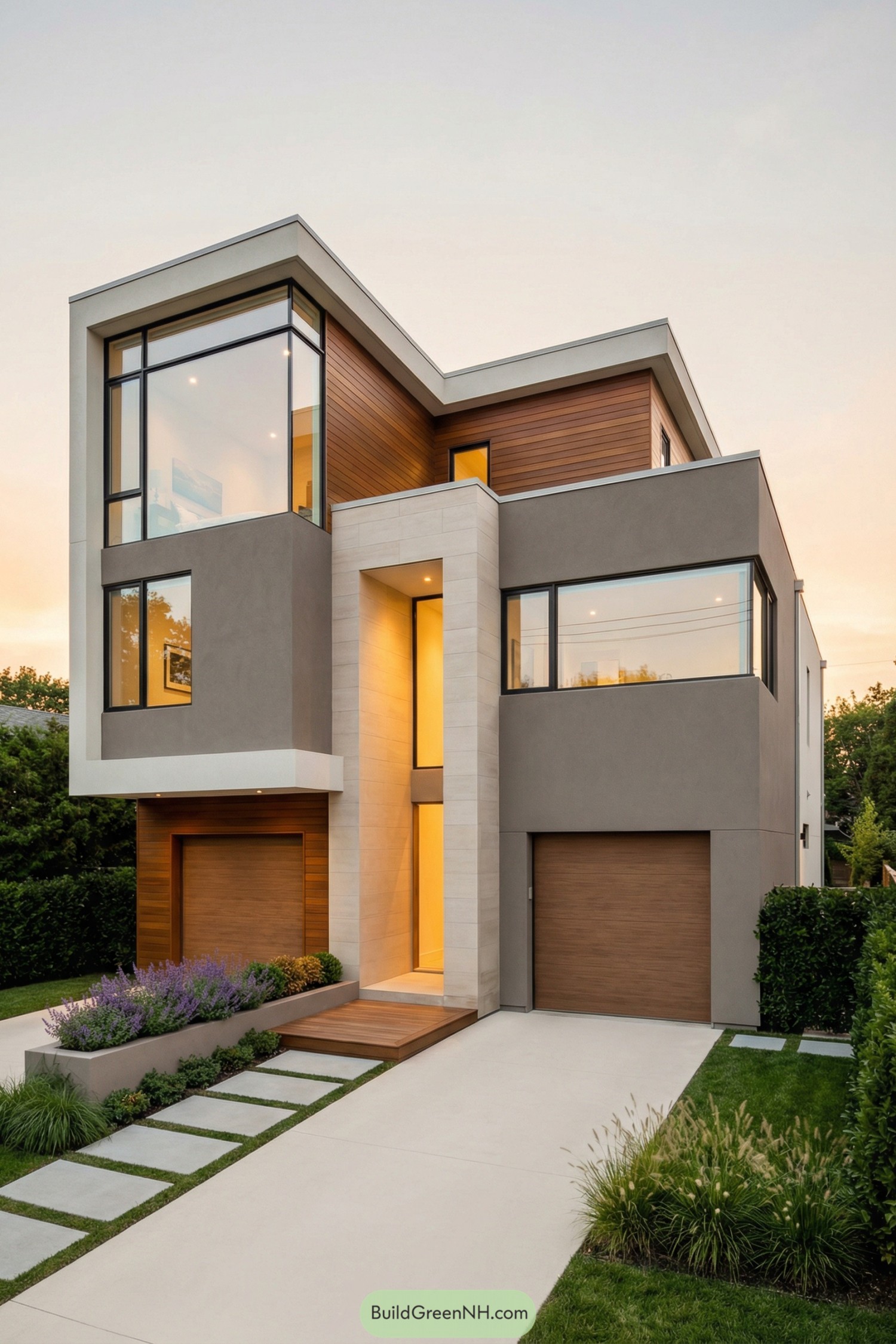 Modern three story boxy house with large windows and simple front garden