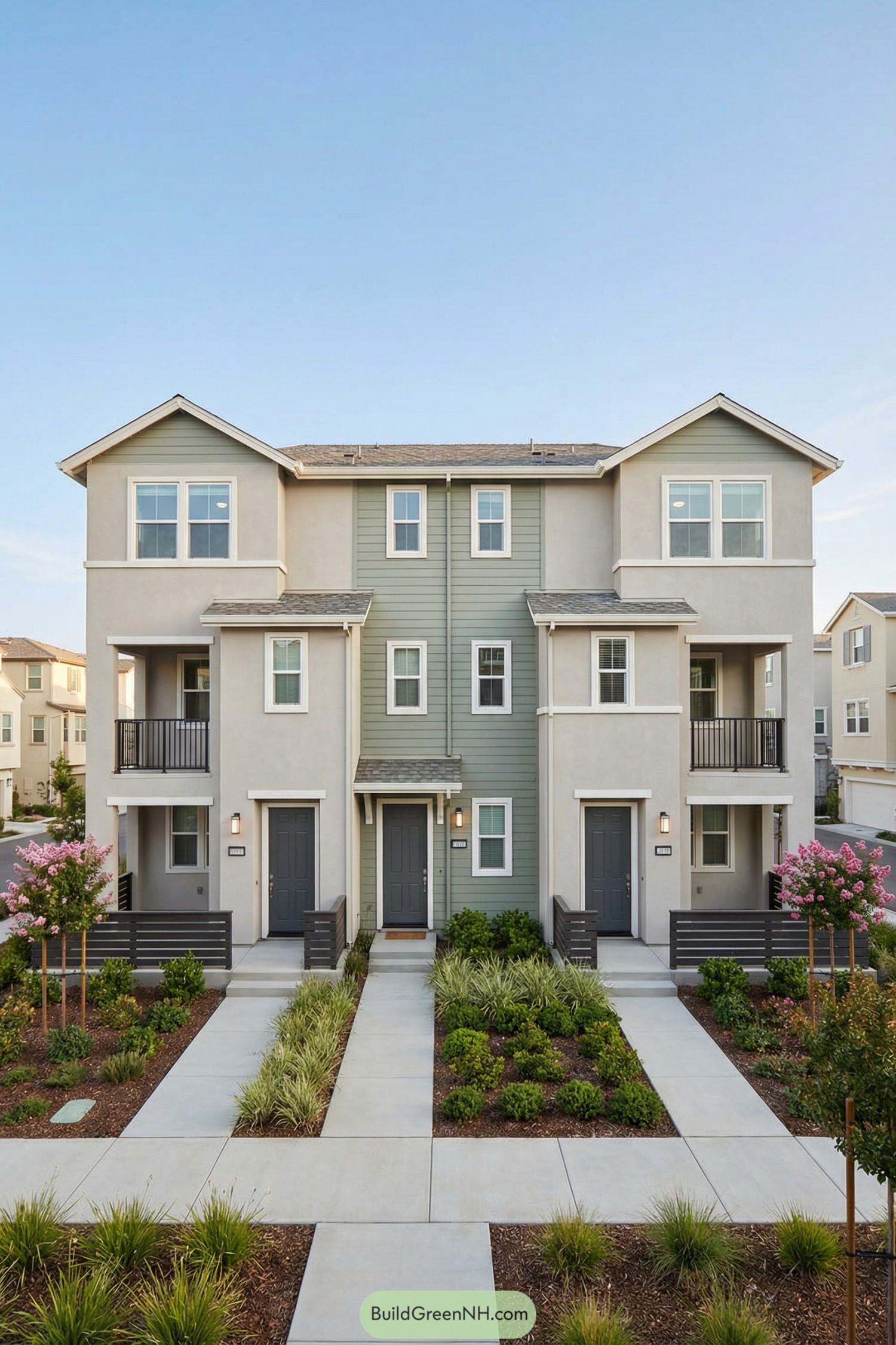 Modern three story townhouse facade with symmetrical paths and low maintenance front gardens