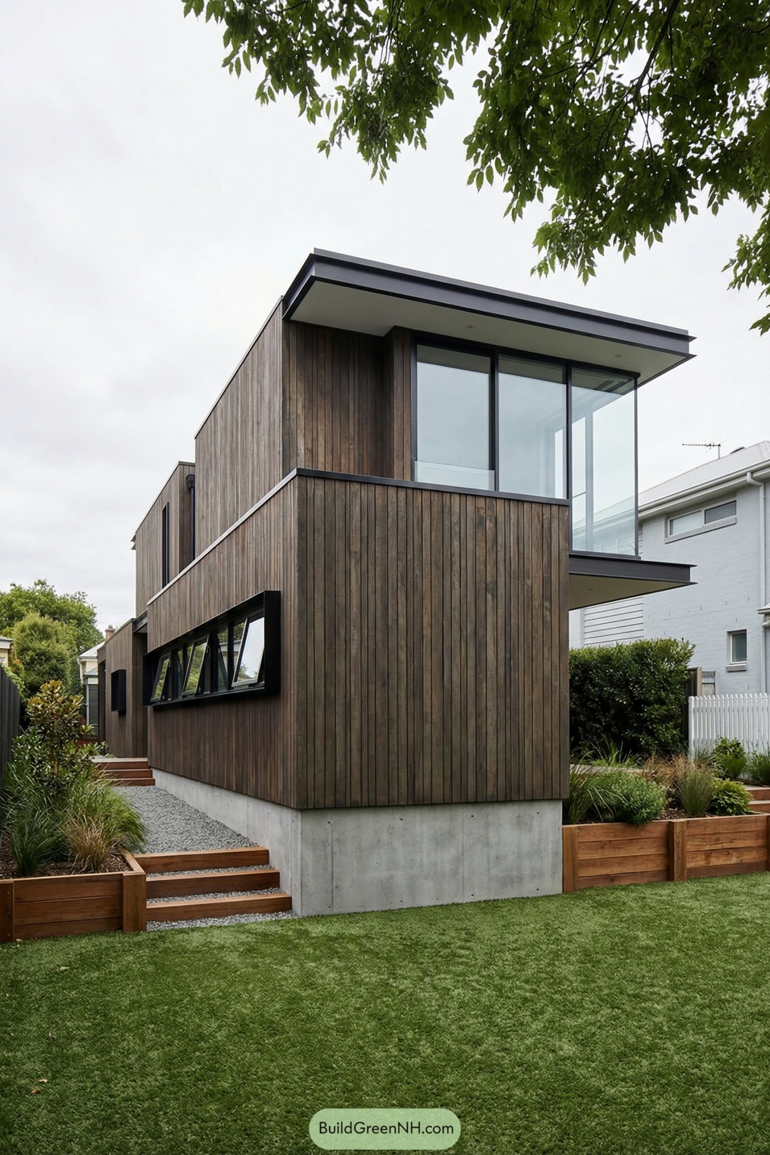 Modern two story timber clad house with large corner windows and simple landscaped garden