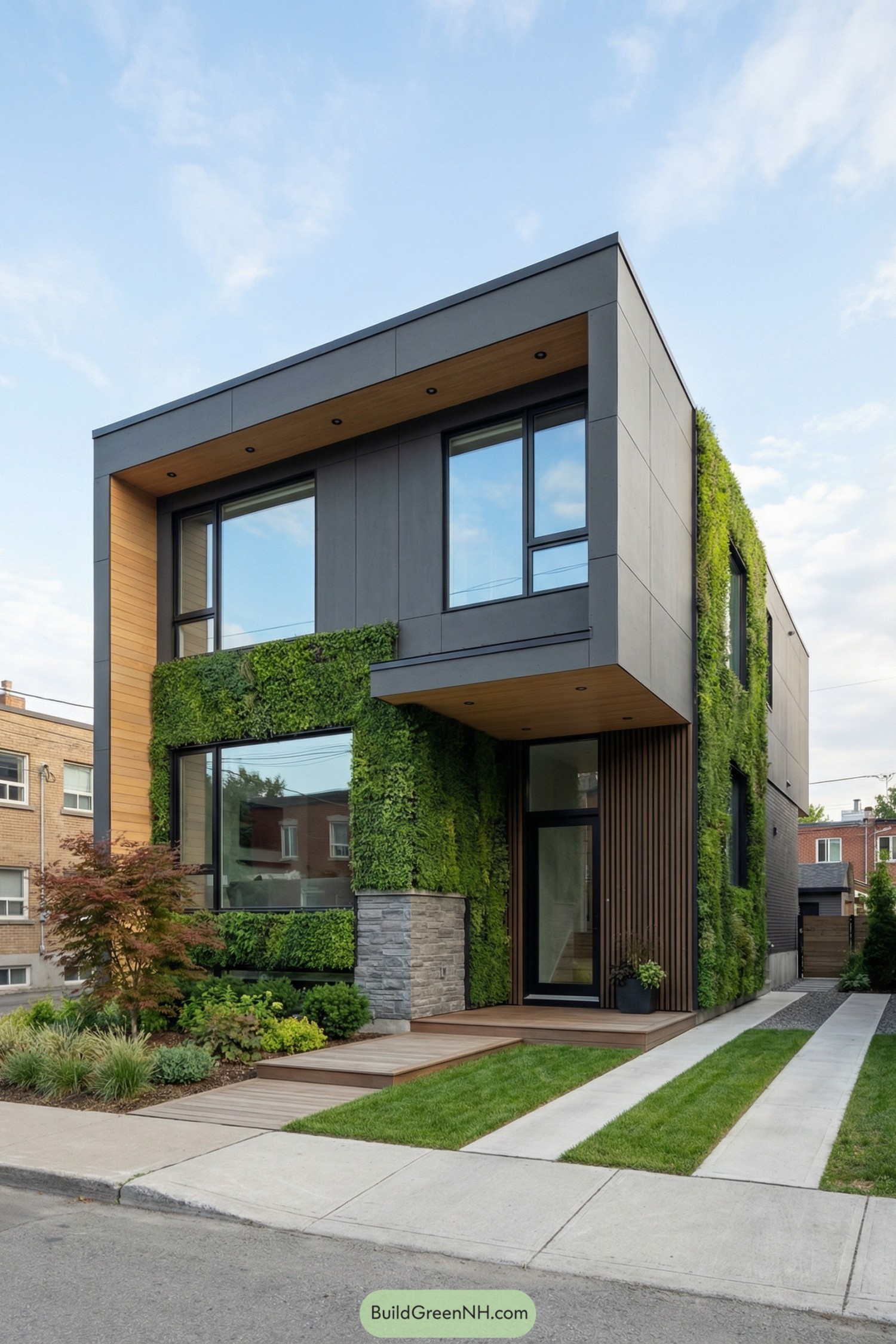 Modern two story house with lush green living walls and large glass windows facing a small front garden