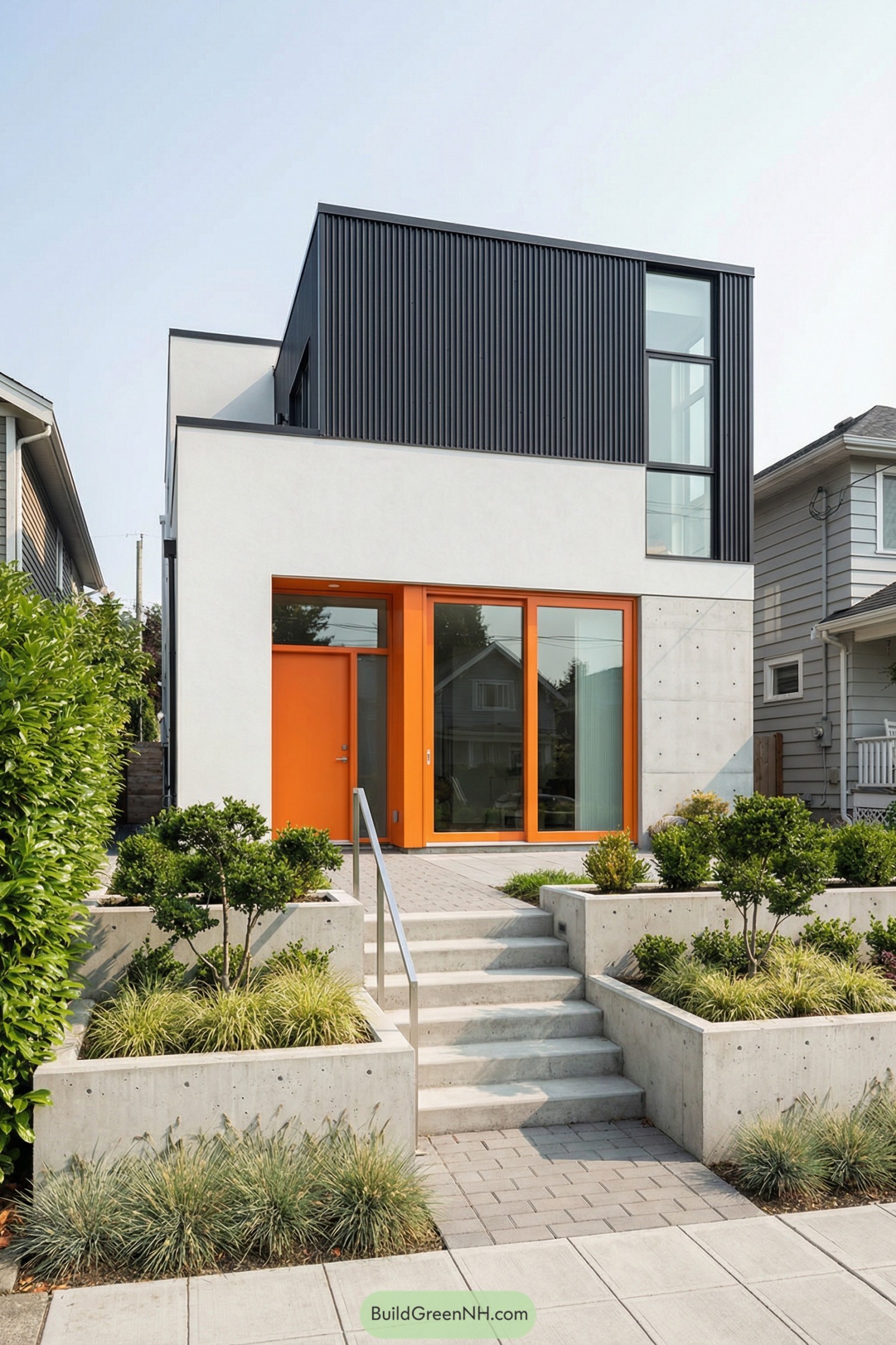 Modern white house with bold orange entry framed by tiered concrete planters and low greenery