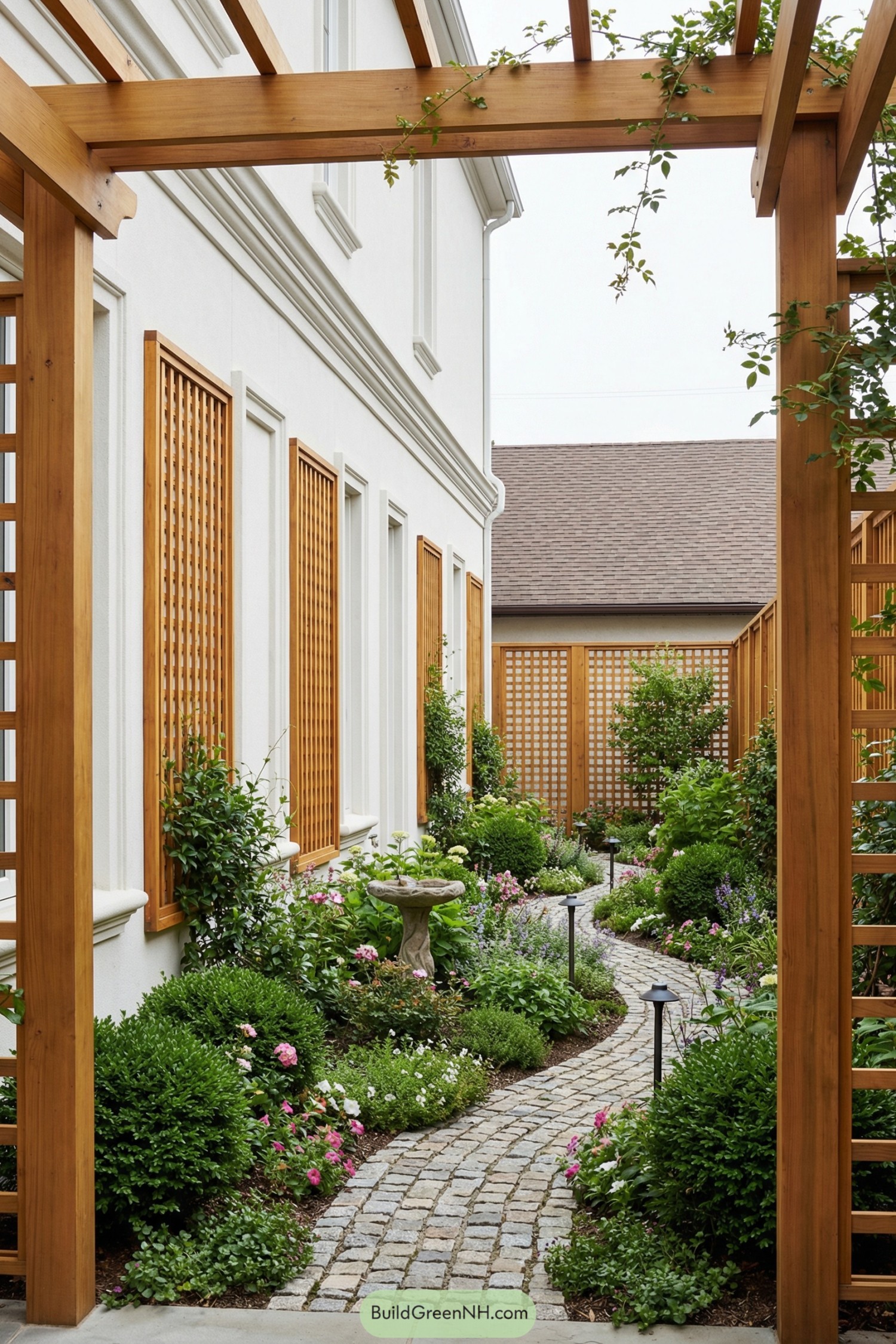 Narrow side yard with cobblestone path, wood trellises, and lush plantings