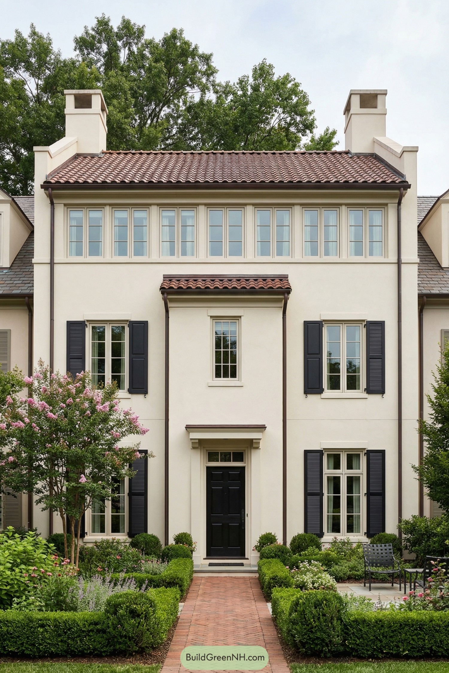 Three story cream townhome with red tile roof and manicured front garden